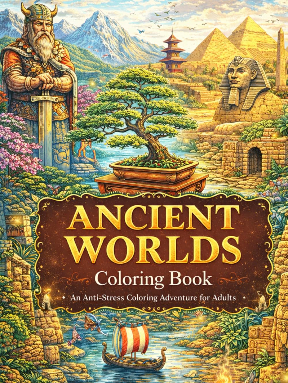 ANCIENT WORLDS Anti-Stress Coloring Book for Adults: Relax, Unwind and Explore Ancient Civilizations Through Detailed Coloring Pages for Stress Relief