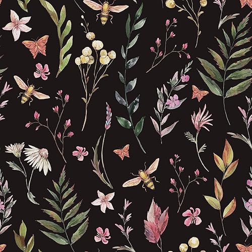 Boho Watercolor Peel and Stick Wallpaper Plant/Flower/Butterfly/Bee Contact Paper Removable Waterproof Floral Decorative Vinyl Self-Adhesive for Living Room Bedroom 17.71''x118.1''