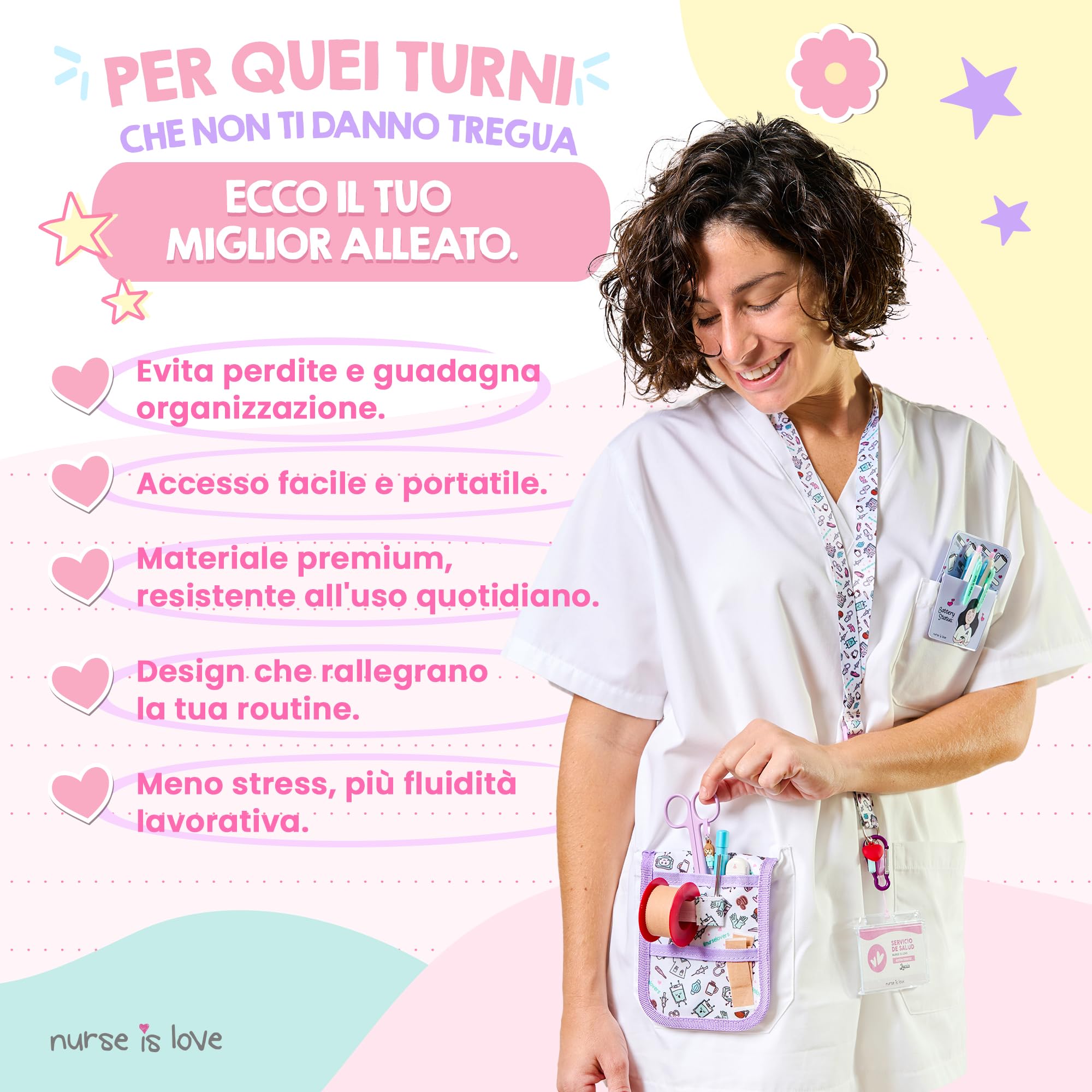 Nurse Is Love Regali Personalizzati Set 5 Pz. | Porta Badge da Collo + Forbici Infermiere + Tasca Infermieri Organizer + Porta Penne da Tasca con 2 Penne Personalizzate + Porta Forbici Retrattile
