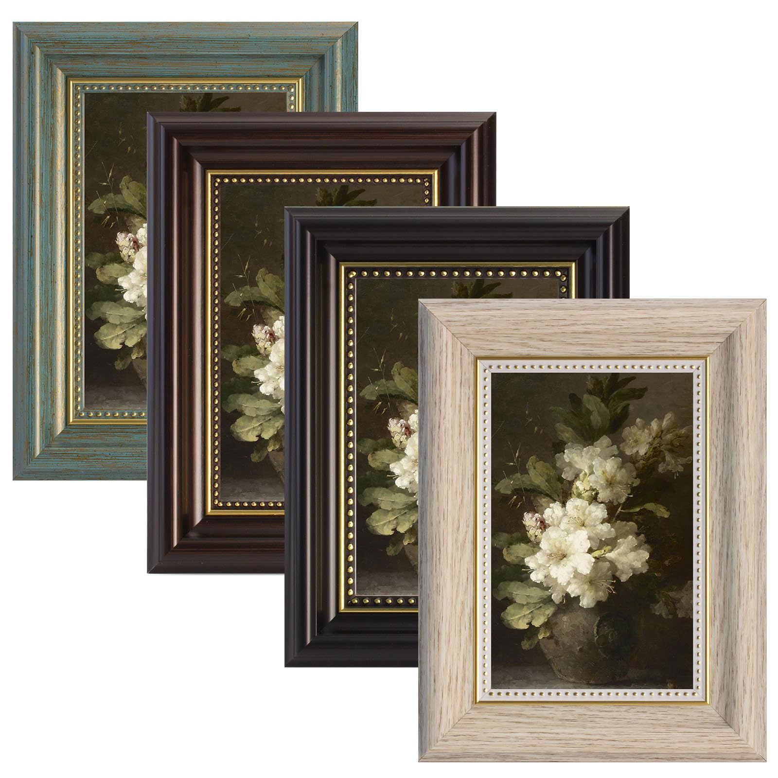 4 PCS Vintage Photo Frames Set, 6x4 Retro Square Picture Frames with Mount for Wall and Tabletop Display, Picture Frames for Home Office Living Room Décor (Black, Coffee,Wood White,Green, 4X6)