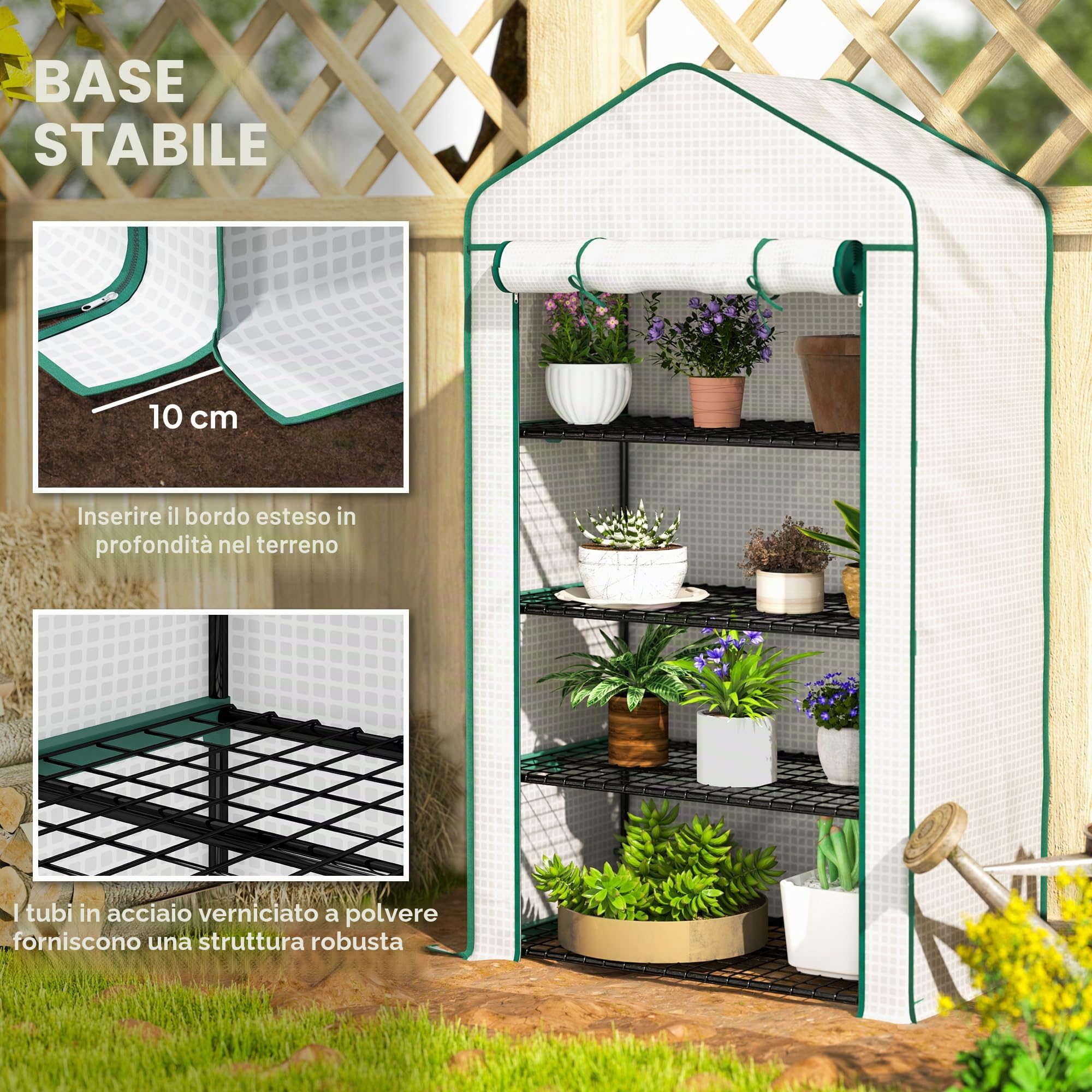 Outsunny Mini serra allargata 4 ripiani, copertura PE rinforzata Bianco | Serra portatile, porta a cerniera, ripiani in metallo, interno/esterno, 90x49x160cm