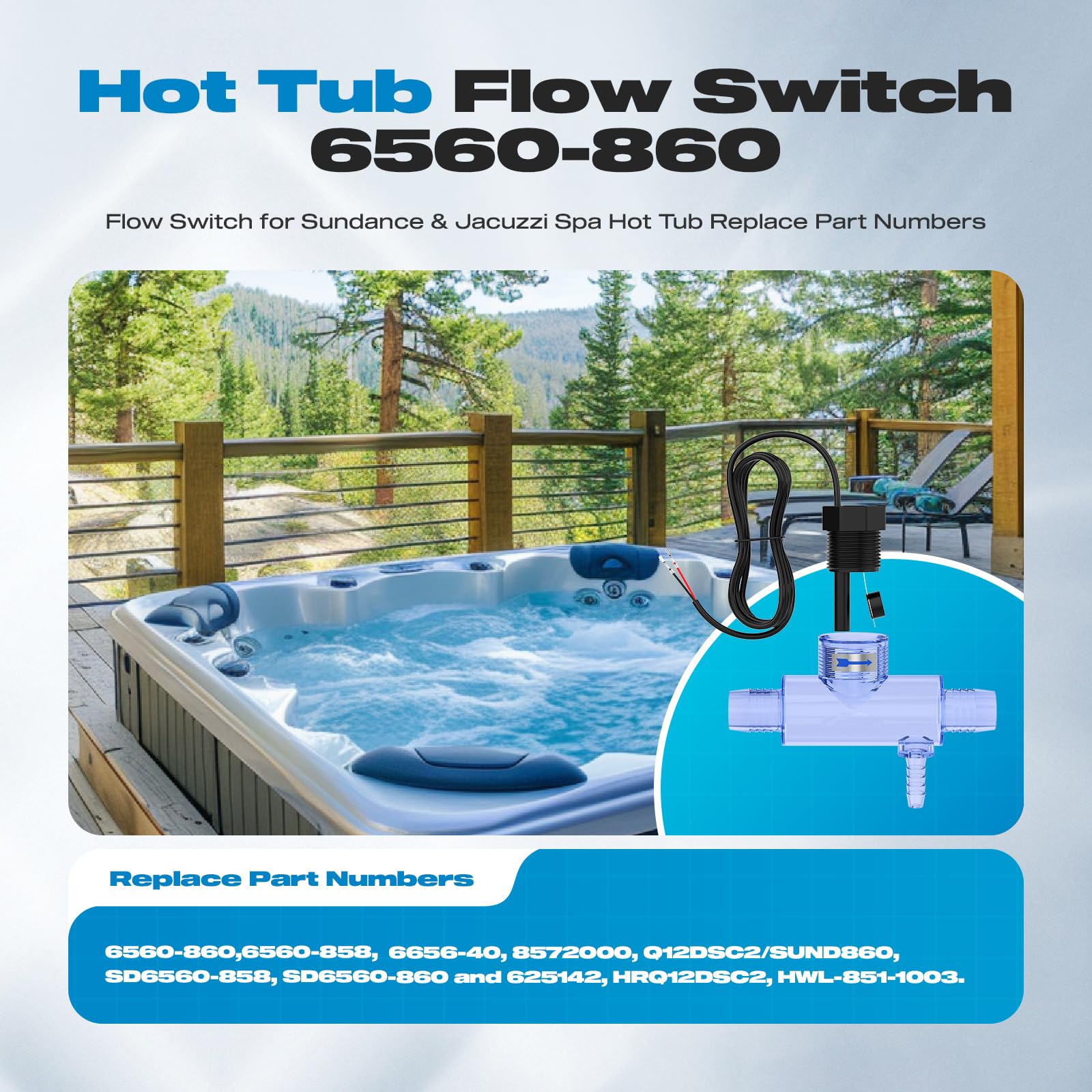 Interruttore di flusso per vasca idromassaggio Sundance & Jacuzzi Spa, ricambio per 6560-860, 6560-858, sensore di flusso completo di montaggio con T trasparente e spina a 2 pin