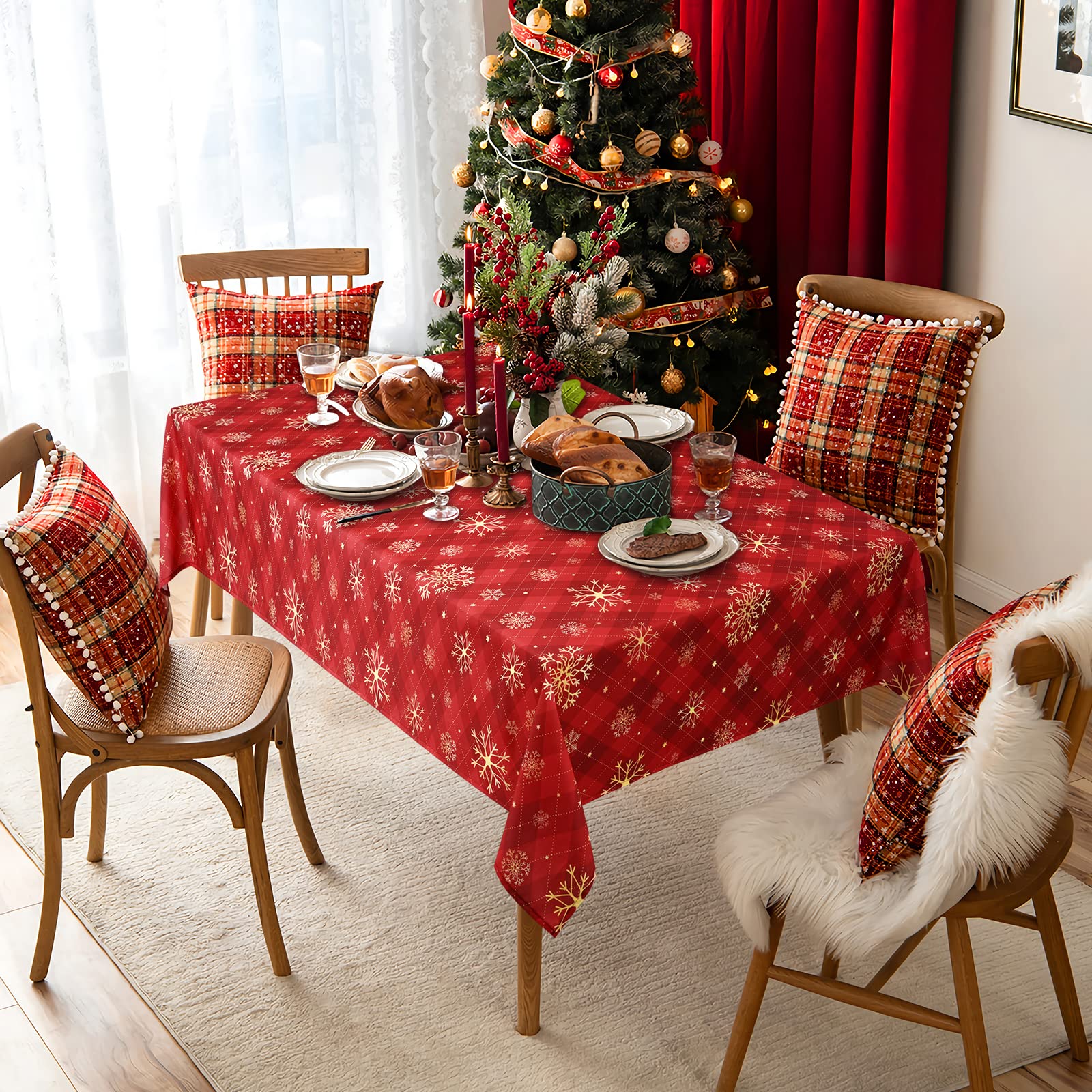 Nappe De Noël Rouge Or - Motif Flocon De Neige Et Étoile