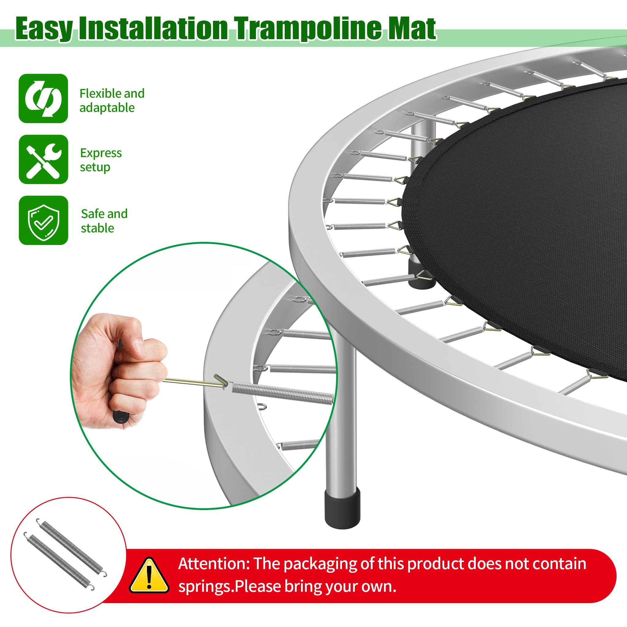 Tapis de saut de rechange pour trampoline d'extérieur pliable avec œillets en métal et 2 tendeurs de ressorts - Accessoires de trampoline résistants aux intempéries - Charge maximale : 100 kg -