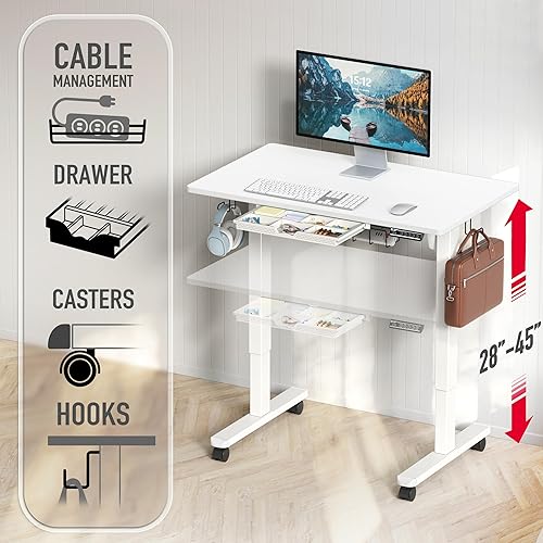 Miniatura 36 de SHW Escritorio eléctrico móvil de 40 pulgadas de altura ajustable para sentarse a estar de pie con cajón, ganchos para colgar y organizar cables,