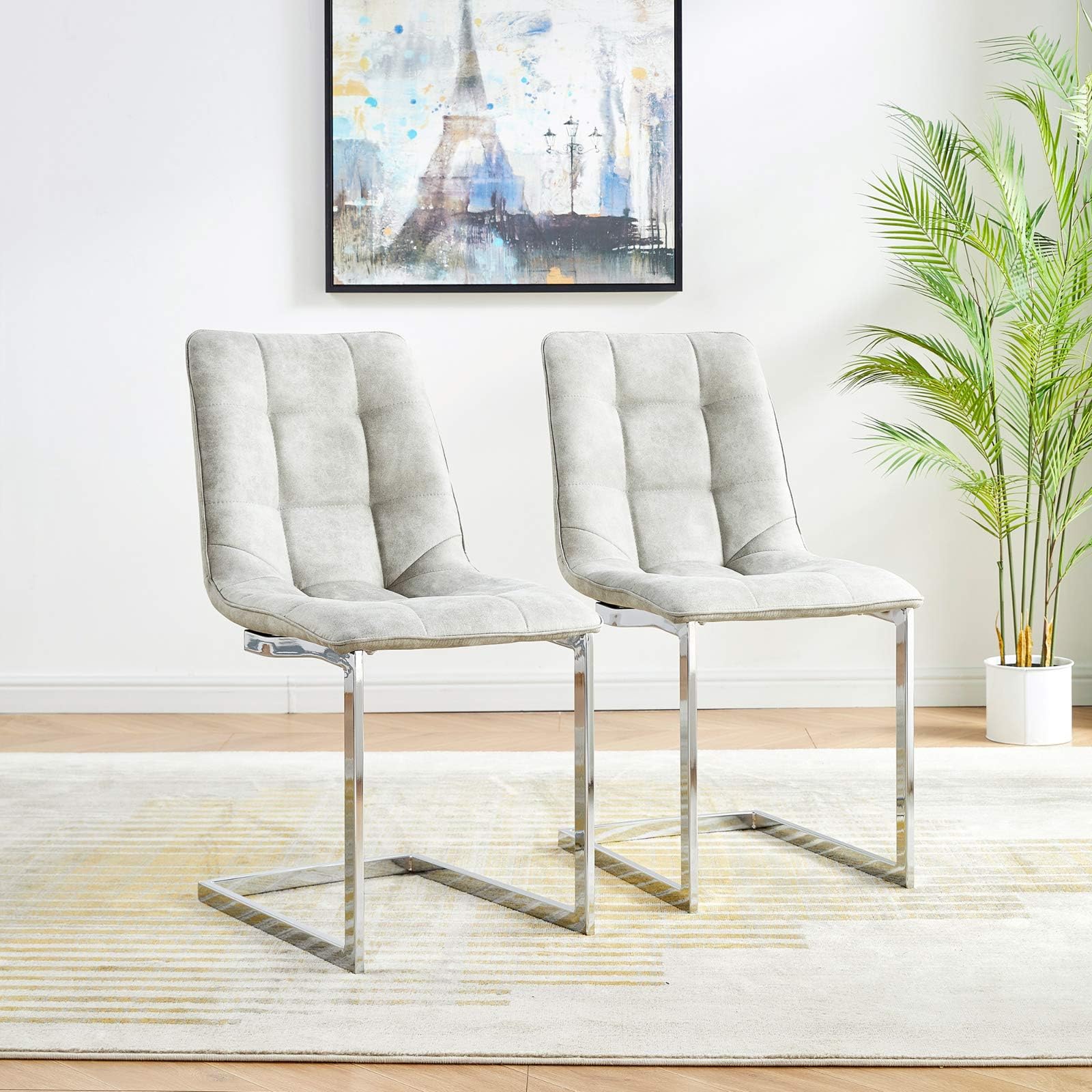 GIZZA Set of 2 Moondy Dining Chairs, Suede Fabric Upholstered Seat Chrome Metal Legs, Modern Comfortable Dining Room Furniture Armless Kitchen Side Chair for Home Office, Bone Grey