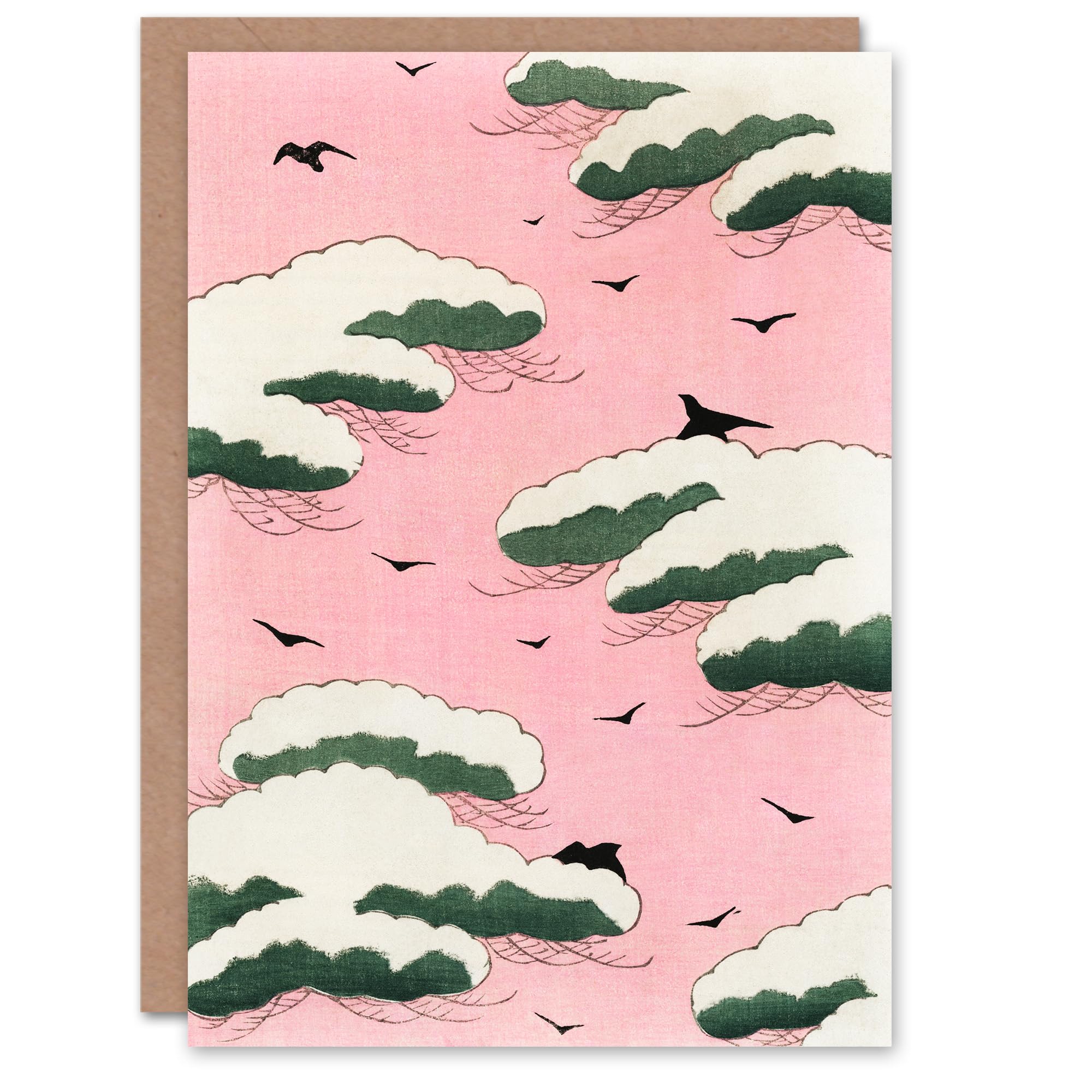 Artery8 Shin Bijutsukai Japanese Art Card Pink Sky With Clouds and Birds
