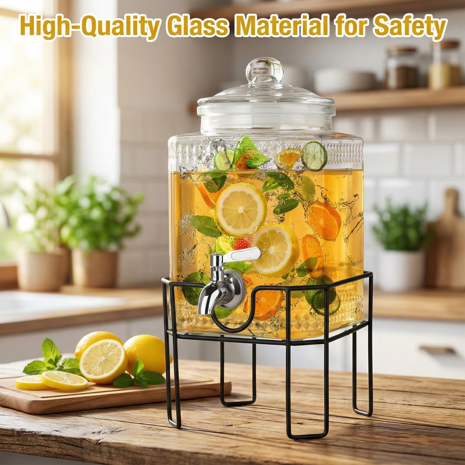 Dispensador de bebidas, dispensadores de bebidas para fiestas, dispensador de bebidas de vidrio de 1 galón con soporte y tapa de vidrio, espiga 100% a prueba de fugas, ideal para limonada, jugo, té