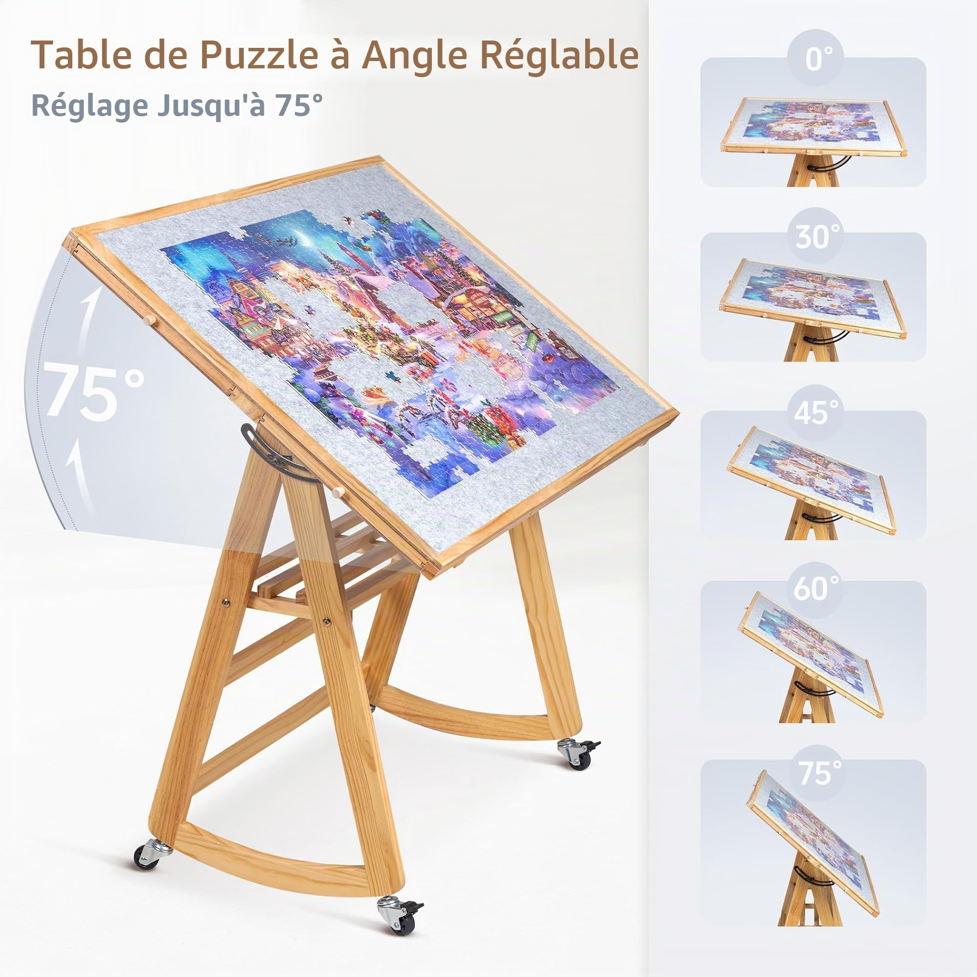 Lavievert Table de Puzzle Inclinable de 1500 Pièces Avec 5 Tiroirs Colorés et Couvercle, Planche Réglable en Bois Avec Rangement Pour Adultes, Portable Avec Pieds, 4 Roues
