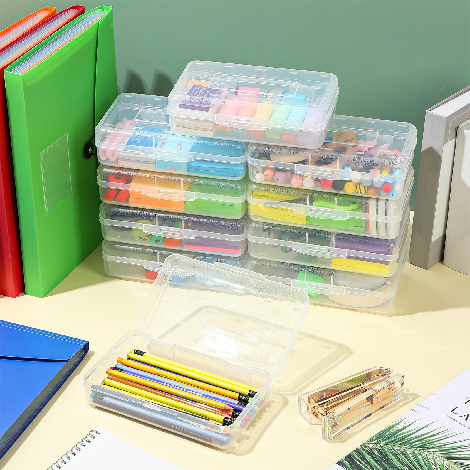Caja de lápices de plástico transparente, estuche de almacenamiento de suministros de oficina, caja organizadora para bolígrafos y más suministros escolares de oficina (paquete de 10)