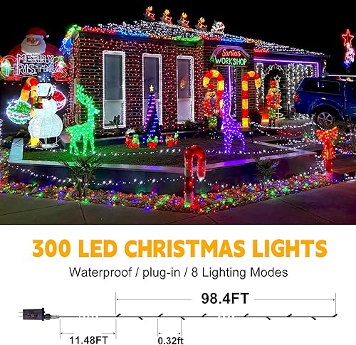 Miniatura 5 de 300 luces LED de Navidad de 98 pies para decoración al aire libre, 8 modos y temporizador de memoria, luces de Navidad con enchufe impermeable para