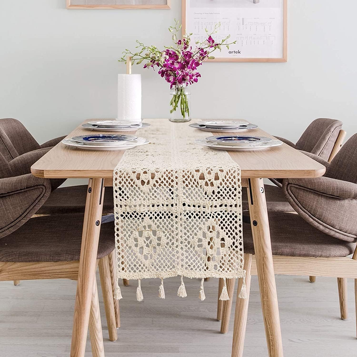 MOREBEST Natural Beige Macrame Table Runner Cotton Crochet Lace Boho