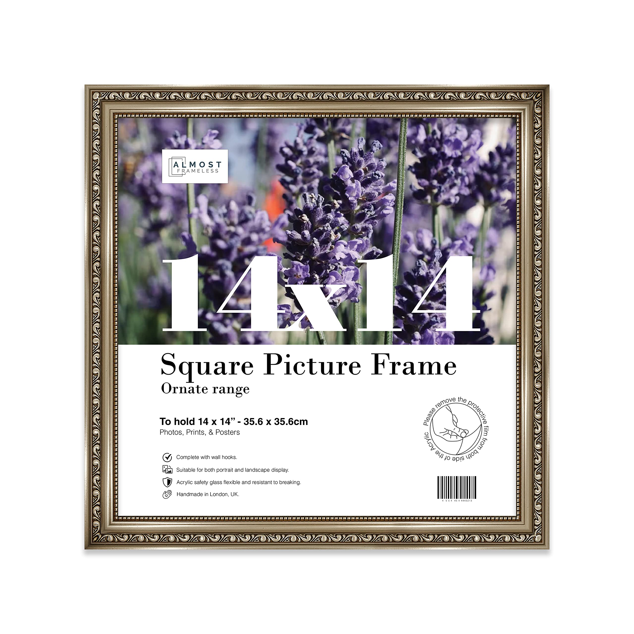 Almost Frameless 14x14 Gunmetal Ornate Picture Frame 14"x14"(35.6x35.6cm) Poster, Photo, Artwork, or Print. Baroque Style Portrait and Landscape Display with Wall Hooks