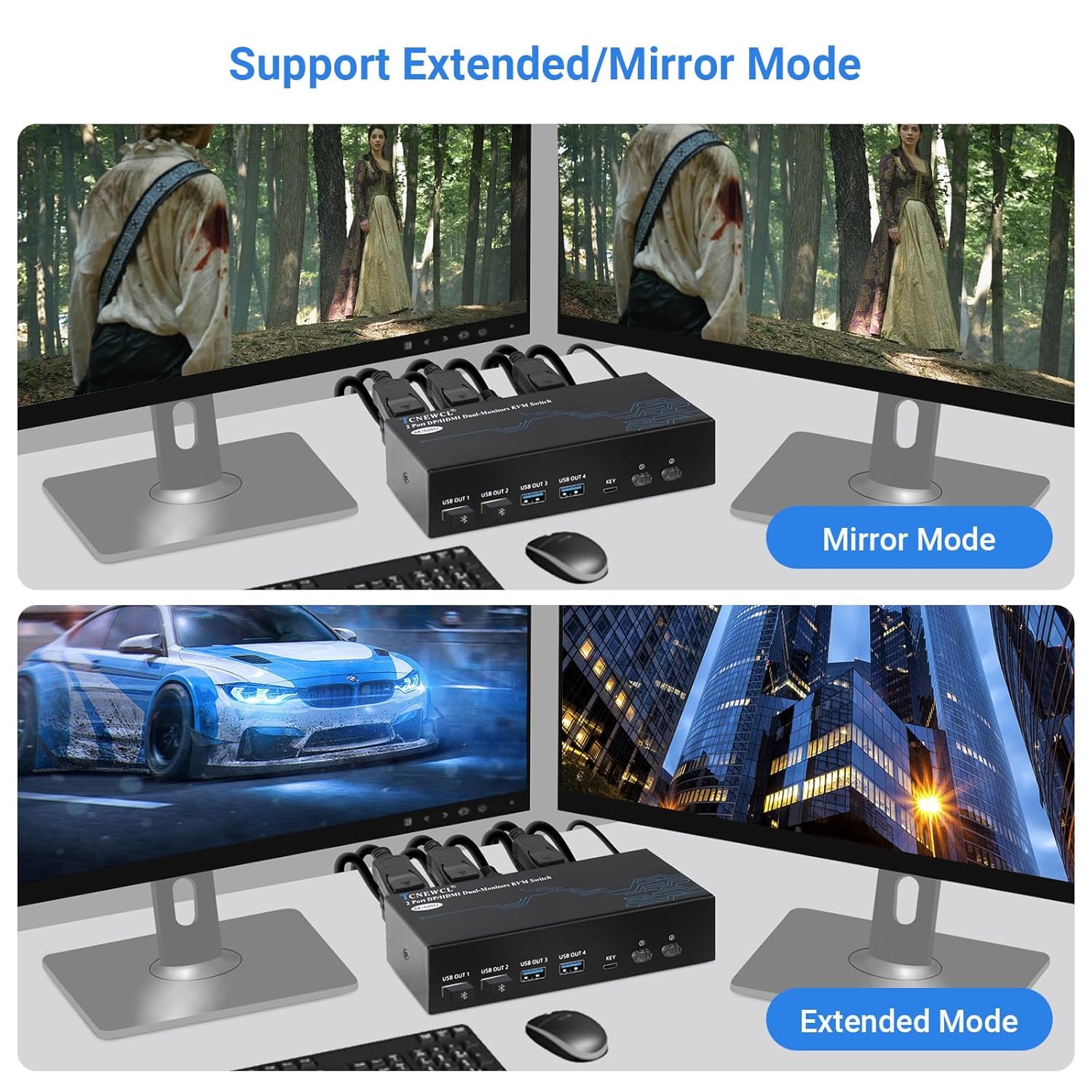 TCNEWCL HDMI Displayport KVM Switch 2 PC 2 Monitor, 8K 60Hz 4K 120Hz, USB 3.0 e Dual Monitor, Support Extended & Copy Mode, con 2 Cavi HDMI+DP+USB e Controller Desktop
