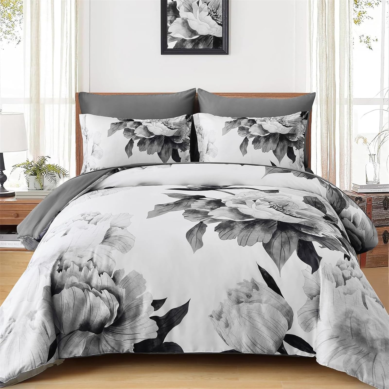 Grey King Duvet Cover Set with 2 Pillowcases Gray Floral Printed Duvet Cover with Zipper Closure,Soft Microfiber Botanical Farmhouse Bedding Set 220x230 cm