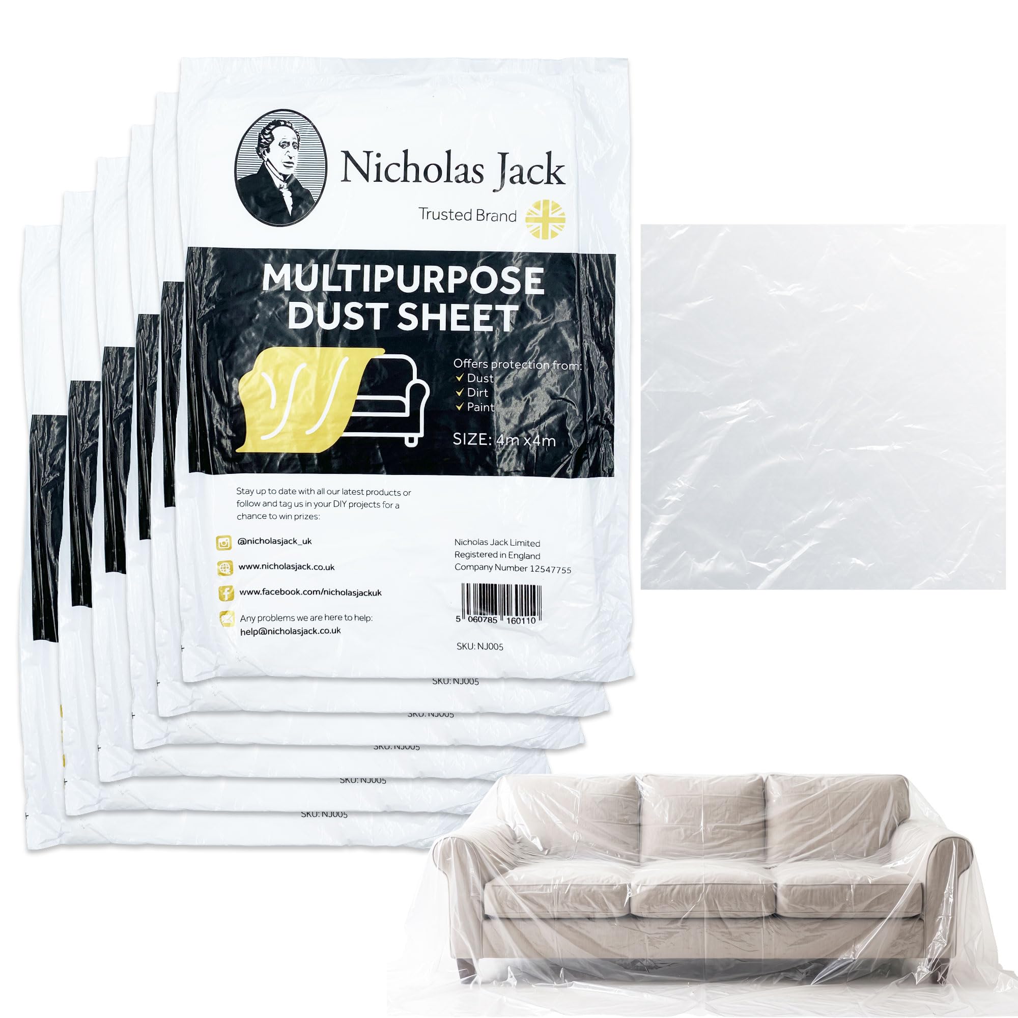 Nicholas Jack Clear Pack Of 6 Large Plastic Dust Sheets For Decorating 4M X 4M Decorators Polythene Paint Covers Sheeting For Furniture & Flooring Etc,
