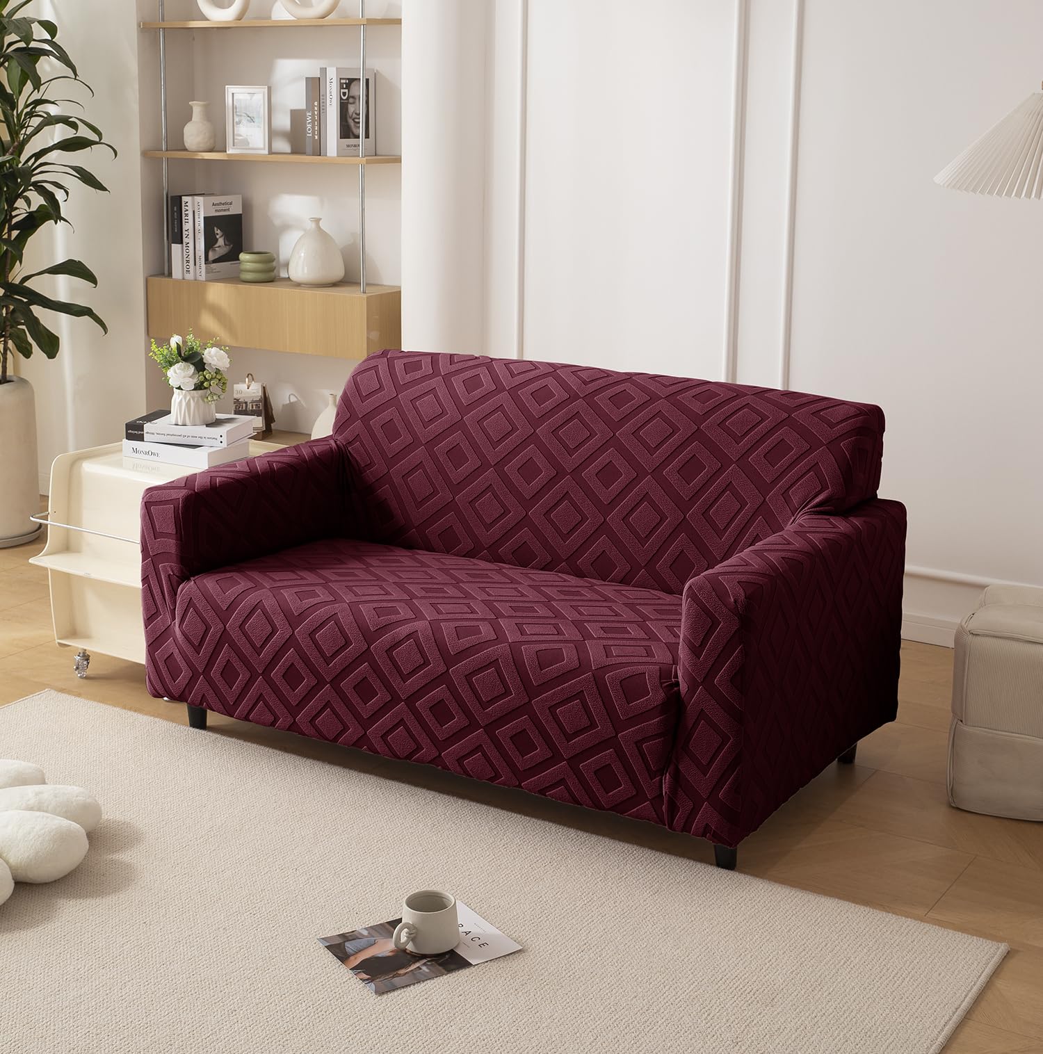 House of Quirk Universal Double Seater Jacquard Fabric Diamond Texture Sofa Cover 220 GSM Soft Touching Cover for Couch Flexible Stretch Sofa Slipcover (Maroon, 145-185CM)-image-24