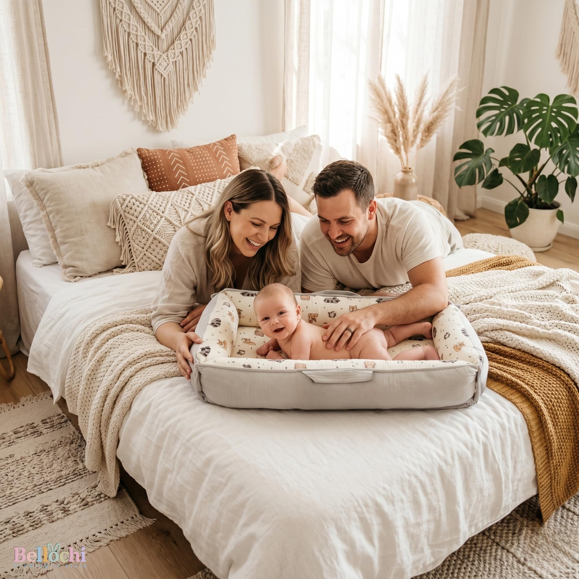 Bellochi Hush Baby Nest Cocoon - Tumbona para recién nacido con cierres magnéticos silenciosos para un descanso tranquilo, algodón hipoalergénico de alta calidad, tapete multifuncional para el tiempo
