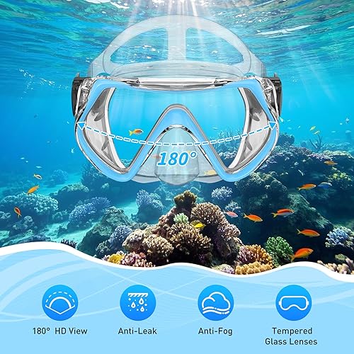 Miniatura 2 de Juego de equipo de esnórquel para adultos, juego de esnórquel con parte superior seca, máscara panorámica antivaho y aletas de natación ajustables,