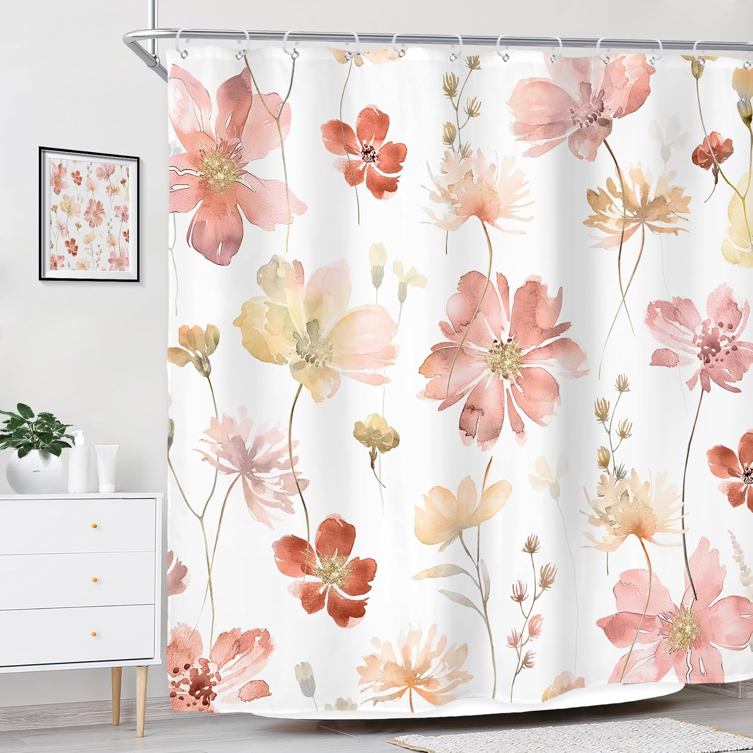Riyidecor Pink Yellow Floral Flower Shower Curtain for Bathroom Decor 72Wx72H Boho Spring Wildflower Rustic Watercolor Cute Botanical Art Printed Fabric Polyester Waterproof 12 Pack Plastic