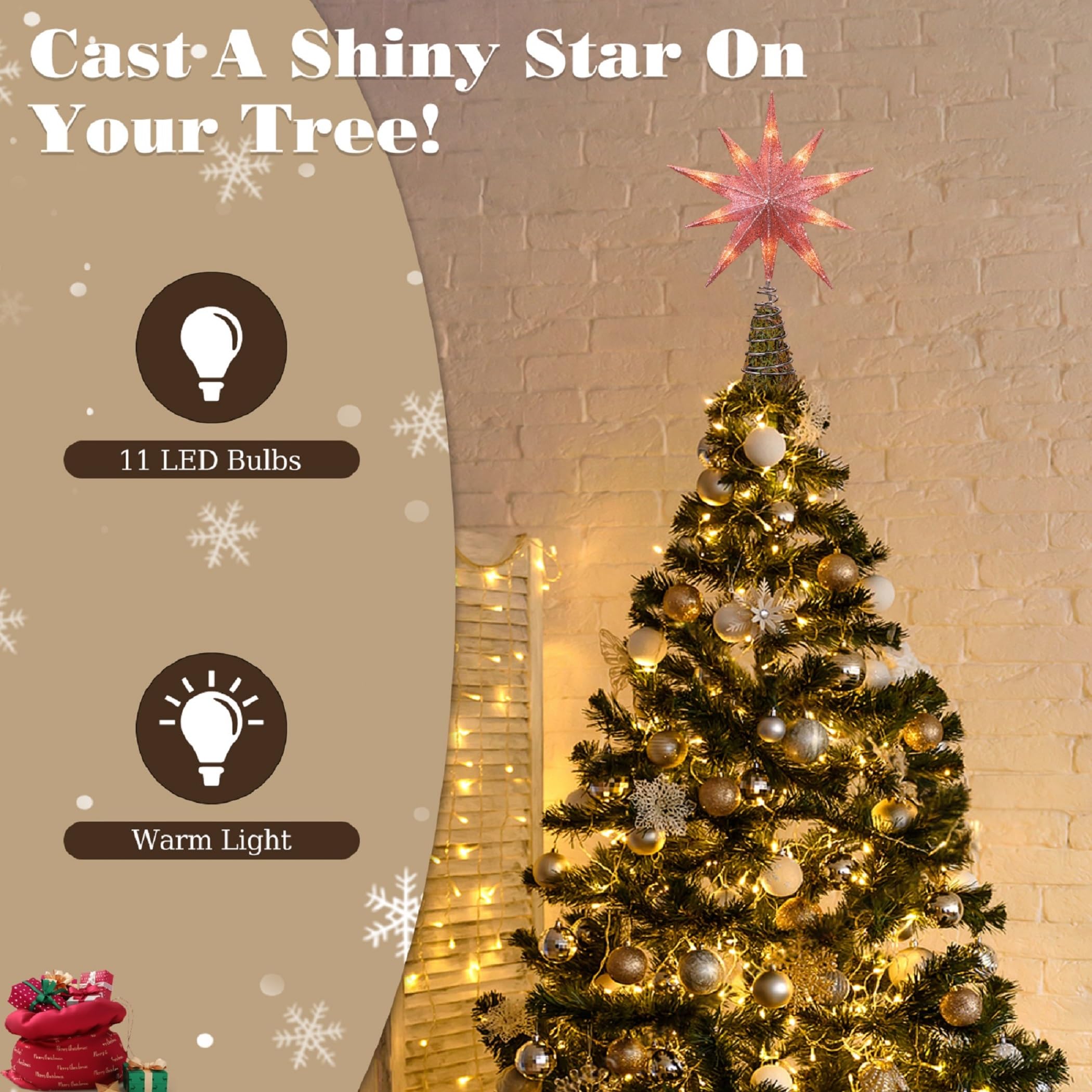Lewondr Étoile de Cime d'arbre Noël, 13 Pouces Étoile de Noël à 10 Pointes Lumineuse avec Prise et Télécommande pour Décoration, Minuterie 6H & 8 Modes d'Éclairage, Lumière Chaude, Rose