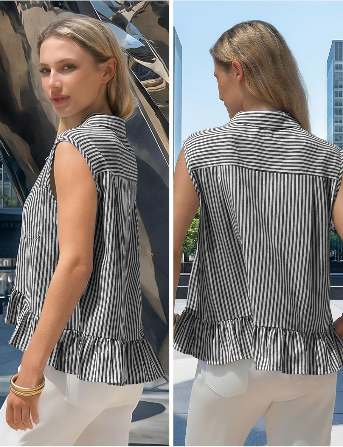 EXLURA Women Summer Tops 100% Cotton Faux Linen Sleeveless Button Shirts Cropped Peplum Tops Casual Striped Babydoll Blouses - Image 5