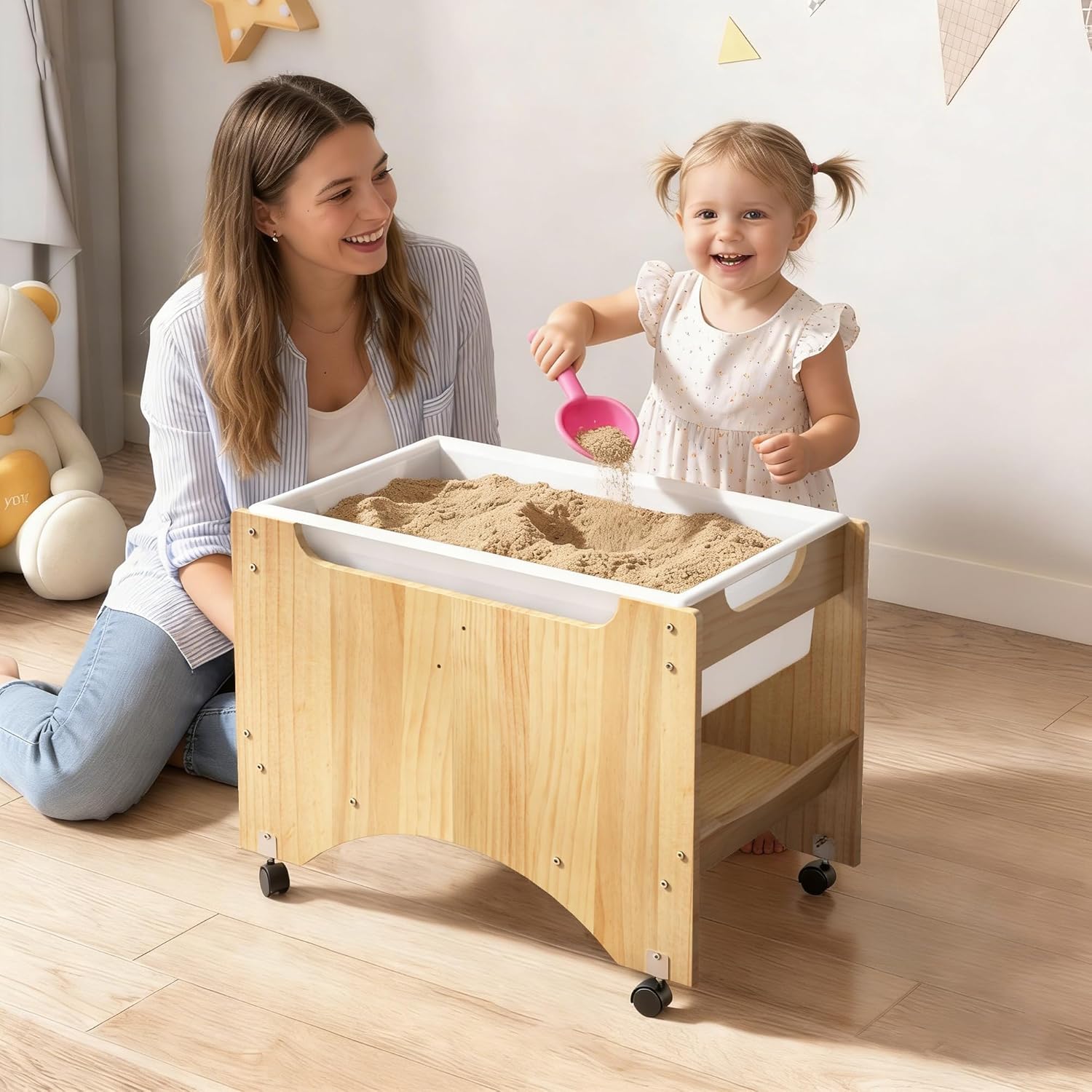 Kids Water & Sand Sensory Table - Wooden Outdoor Sensory Play Activity Table with Casters and Bin, Painting Acrylic Board & Water Toys, Montessori Tables Learning Toy for Kids