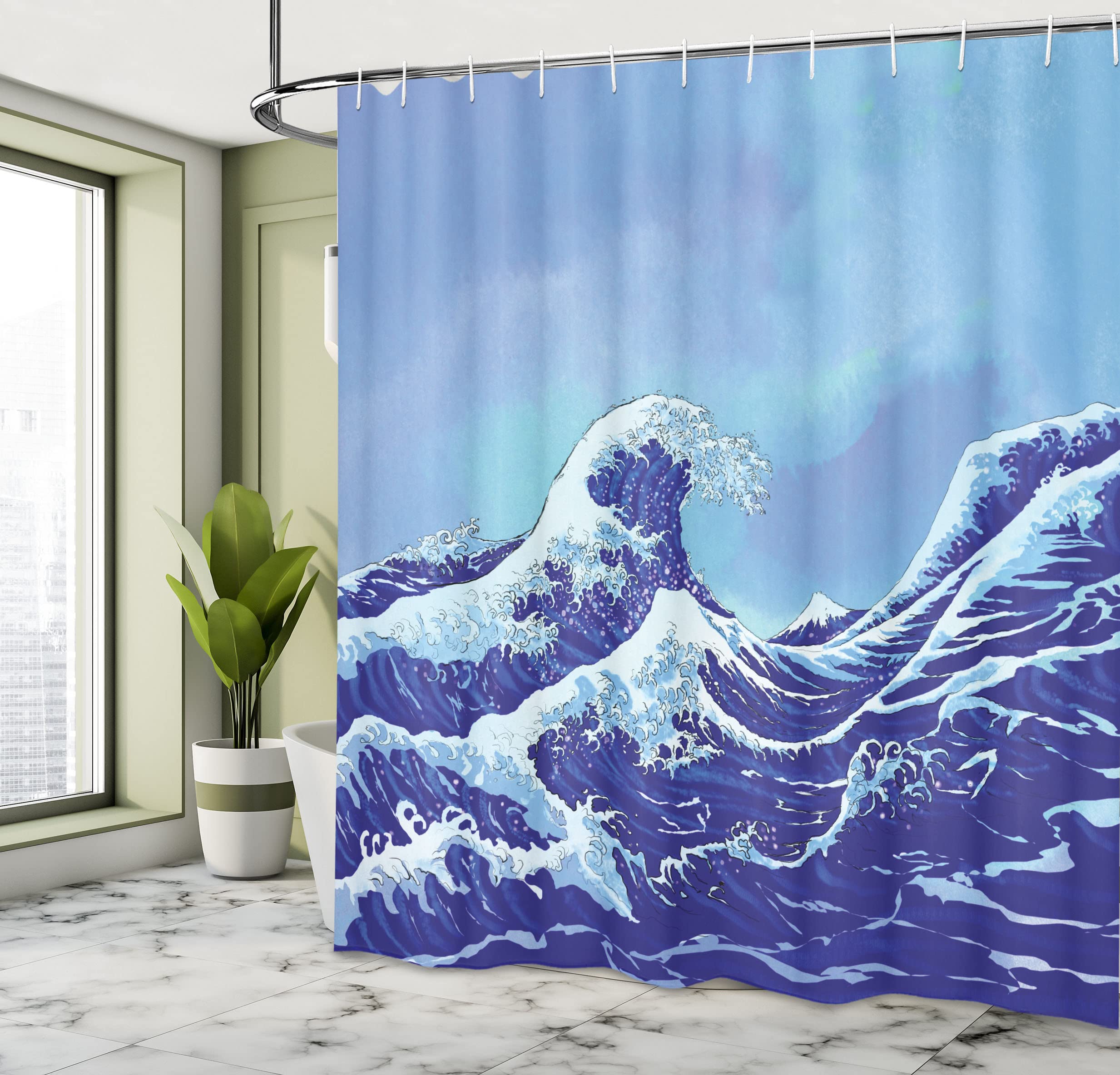 ABAKUHAUS Kanagawa Shower Curtain, Big Tsunami in the Ocean Blue Sky Japanese Nature Sea Waves Art - Image 4