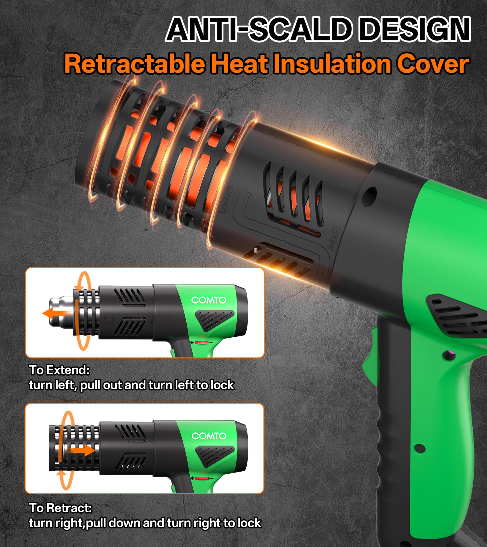 Pistola de calor industrial de 1800 W, calentamiento rápido, 168 °F a 1500 °F, control de temperatura variable, protección contra sobrecalentamiento, flujo de aire de 2 velocidades con 4