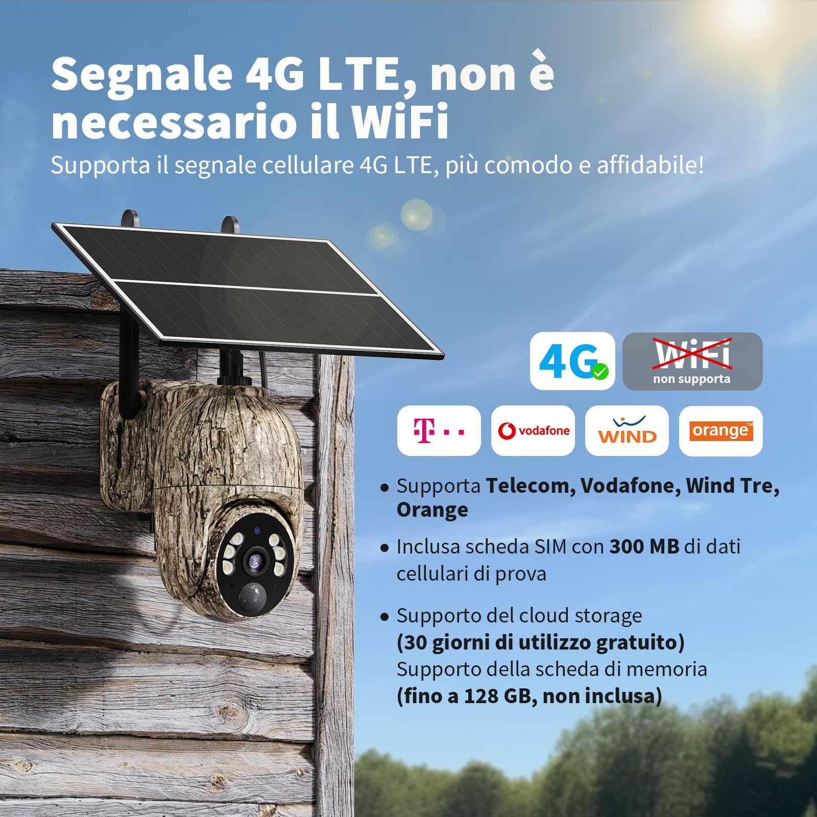 Fotocamera da Caccia 4G con SIM, 2K Telecamera Esterna con Pannello Solare e APP, 360° PTZ Fototrappola Infrarossi Invisibili, Visione Notturna a Colori, Audio a 2 Vie, Rilevamento Animali, IP66
