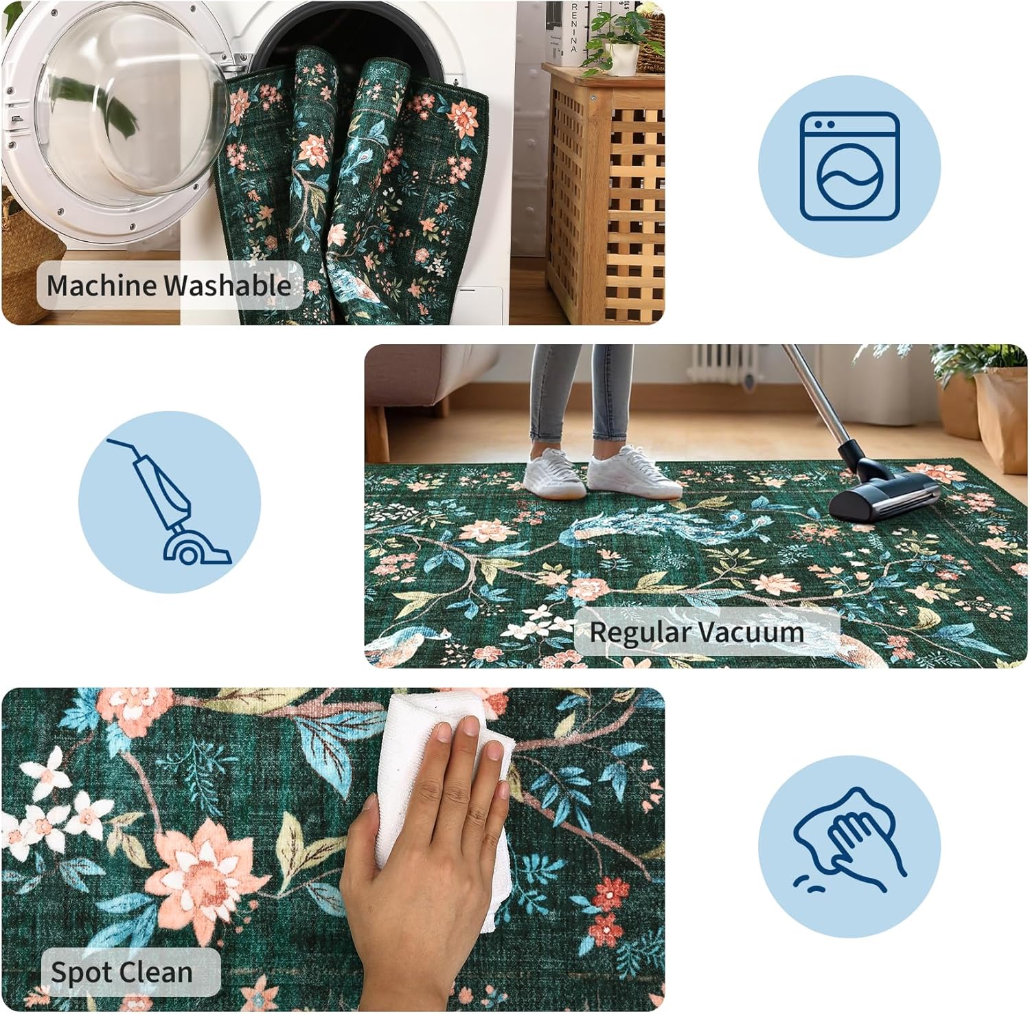 GarveeHome Small Dark Green Entryway Rug, 2x3 Washable Front Door Rug Indoor Entrance Floral Peacock Carpet Non-Slip Low Pile Throw Rugs for Kitchen Floor, Powder Room, Entry, Bathroom, Kids Room