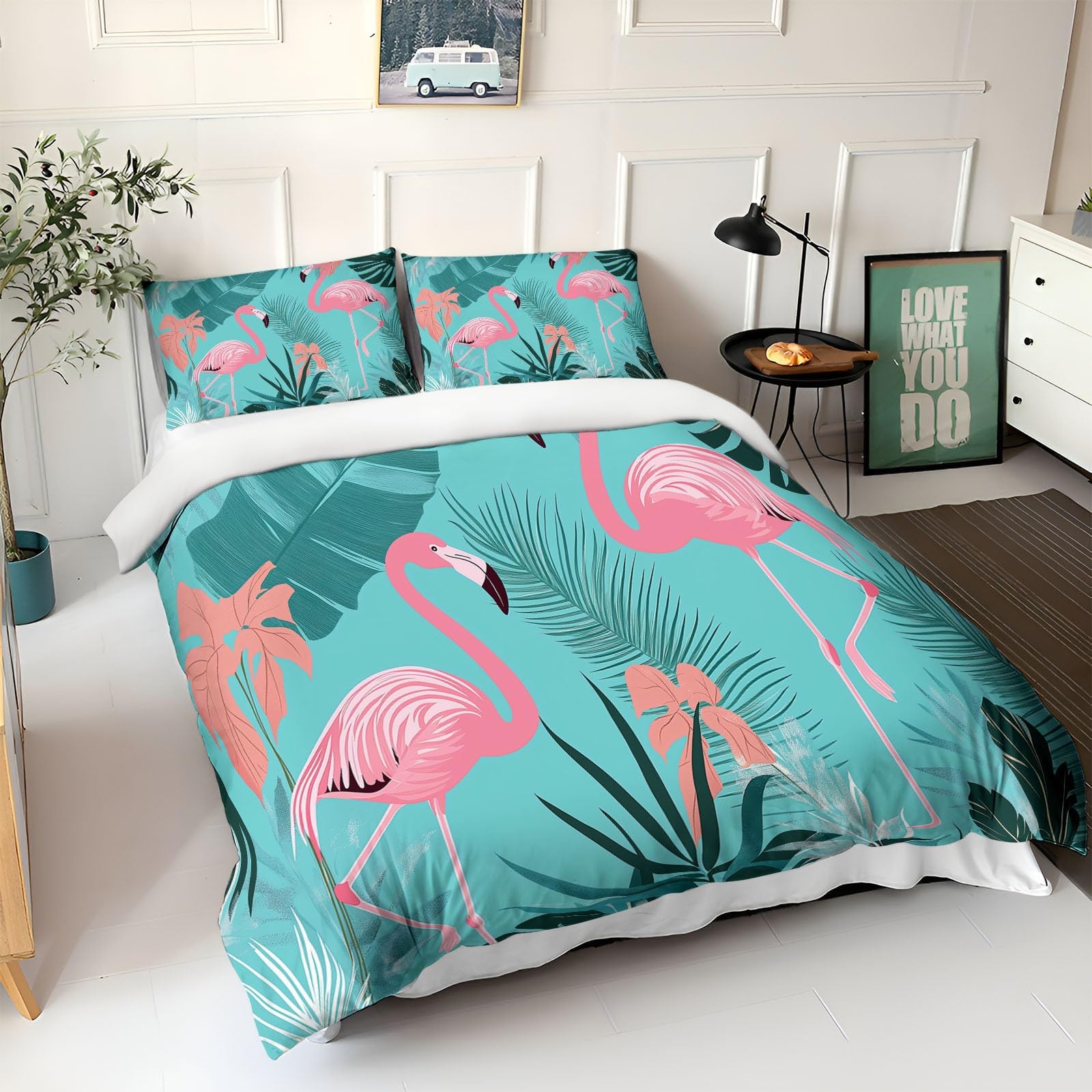 Funda Nordica Cama 90 de 3 Piezas Plantas Tropicales y flamencos Juego de Funda Nordica 150x200 cm Suave Transpirable y 2 x Fundas de Almohada de 50x75 para Ropa de Cama Infantil Niño Chico Niña
