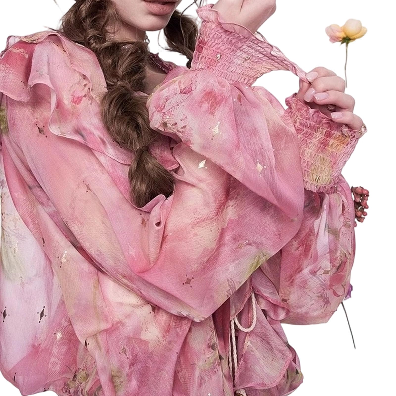 Blouse pour femmes à volants imprimée, col en V, manches longues, tendance, élégante, chemisier en chiffon à fleurs