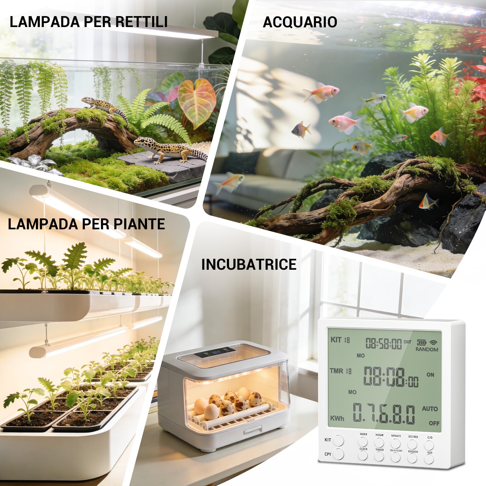 Timer Presa Elettrica 24 Ore con 19 Programmi On/Off, Presa con Timer con Conto alla Rovescia e Modalità Casuale per Sicurezza Domestica, Temporizzatore Presa Elettrica 16A / 230V