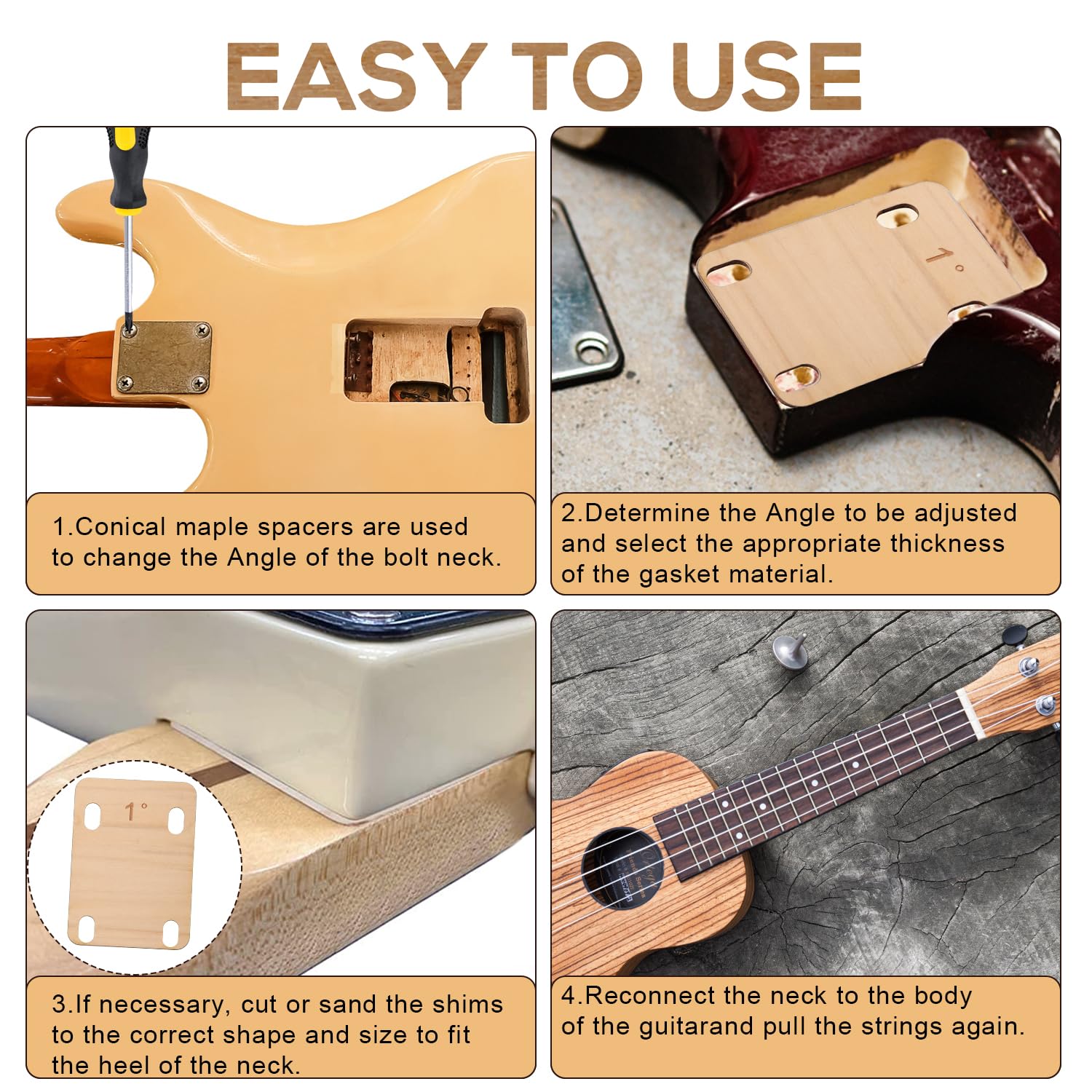 3 Spessori Per Manico Chitarra In Legno Di Acero - 0.25, 0.5 E 1 Grado Per Riparazione - Foto 6