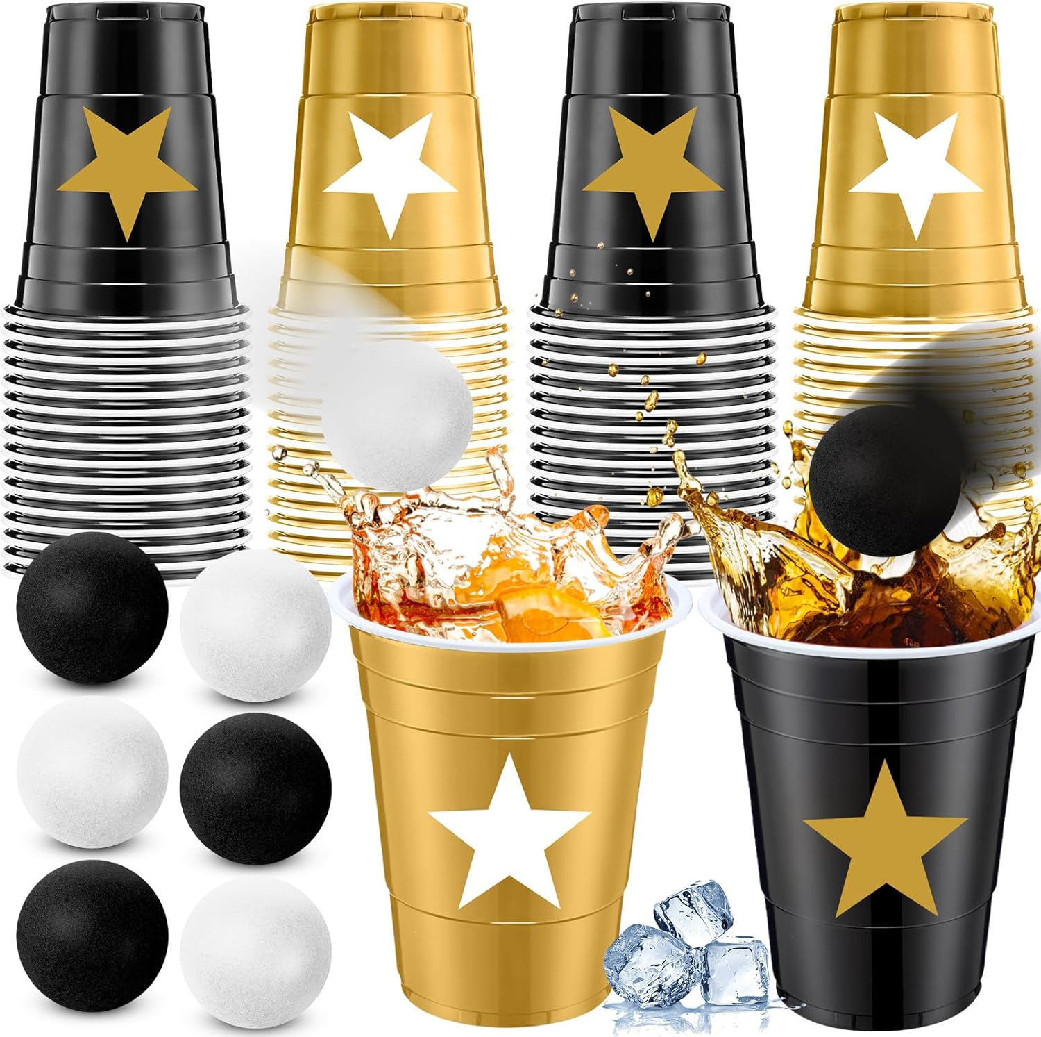 Foilswirl 32 Pcs 2026 Graduation Party Star Game Set Include 16oz Black Gold Plastic Cups with 8 Balls, Plastic Cups for Graduation Party Decor Juice Beverage Outdoor Toss Game Supplies