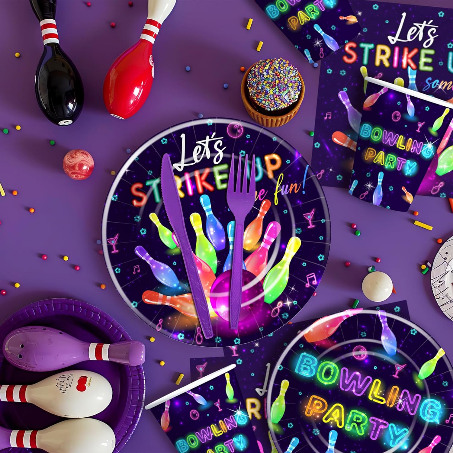 Bowling Birthday Party Supplies, Strike Up Some Fun Bowling Ball Party Decorations Tableware for Birthday Baby Shower, Paper Plate, Cup, Napkin, Disposable Fork, Serves 24 (Pack of 2)