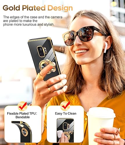Miniatura 6 de LeYi Funda para teléfono Samsung Galaxy S9 con soporte de anillo giratorio de 360, soporte magnético, chapado en oro rosa con borde protector para