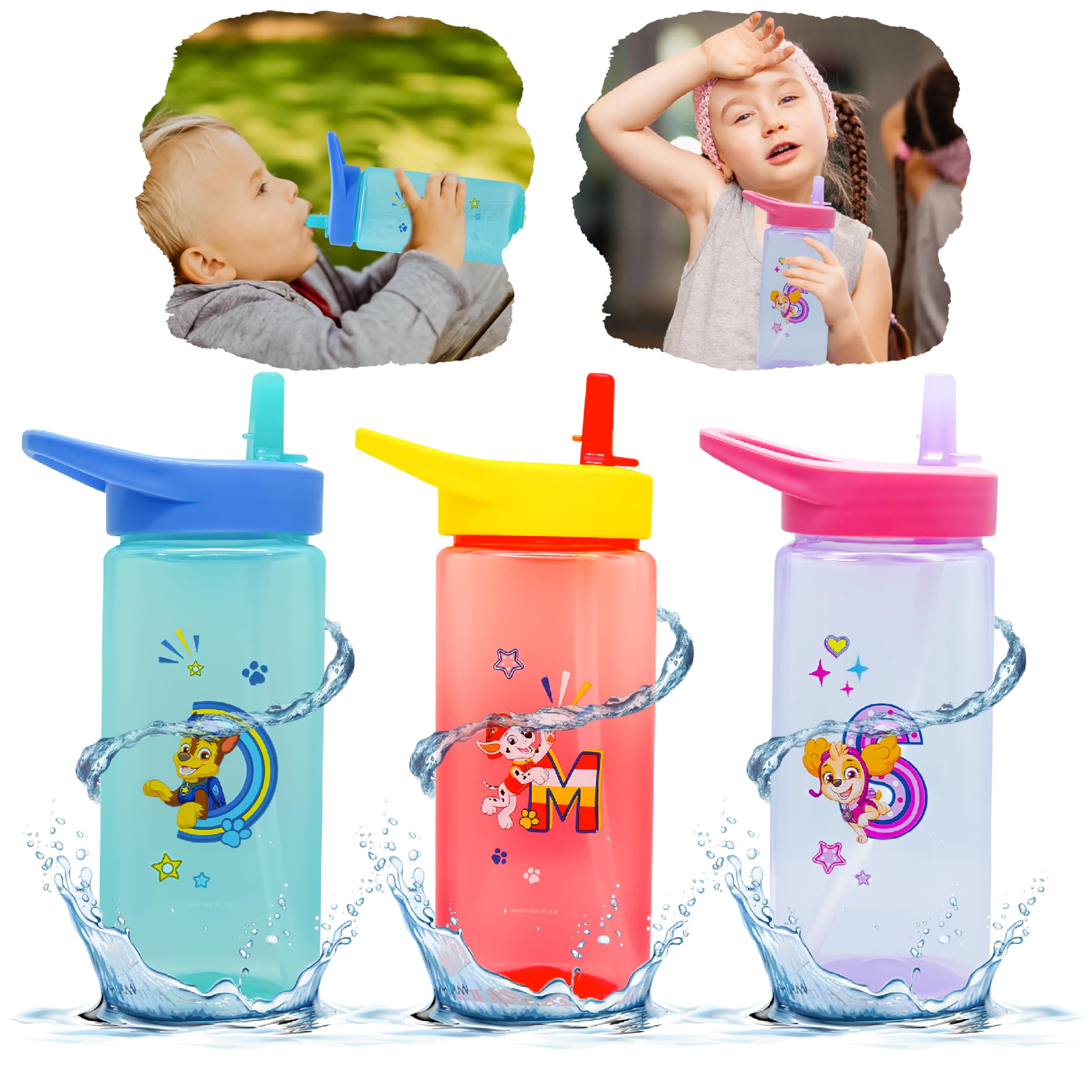 Srv Hub Boys 3Pcs Paw Patrol(Chase+Marshall+Skye) 3X Paw Patrol Kids Water Bottles With Detachable Straw, 420Ml Bpa-Free Plastic Bottle Sports, 16Cm Straw Sipper Drinking Bottles For School And Picnic Ages 6+ Months
