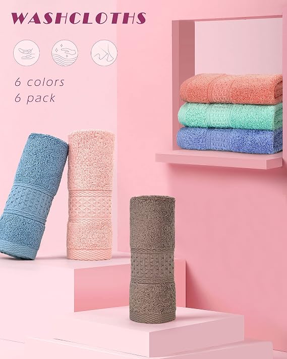 Cleanbear Washcloths Set, 100% Cotton, 6-Pack Wash Cloths, 13 x 13