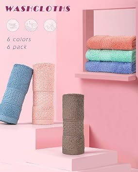 Cleanbear Washcloths Set, 100% Cotton, 6-Pack Wash Cloths, 13 x 13