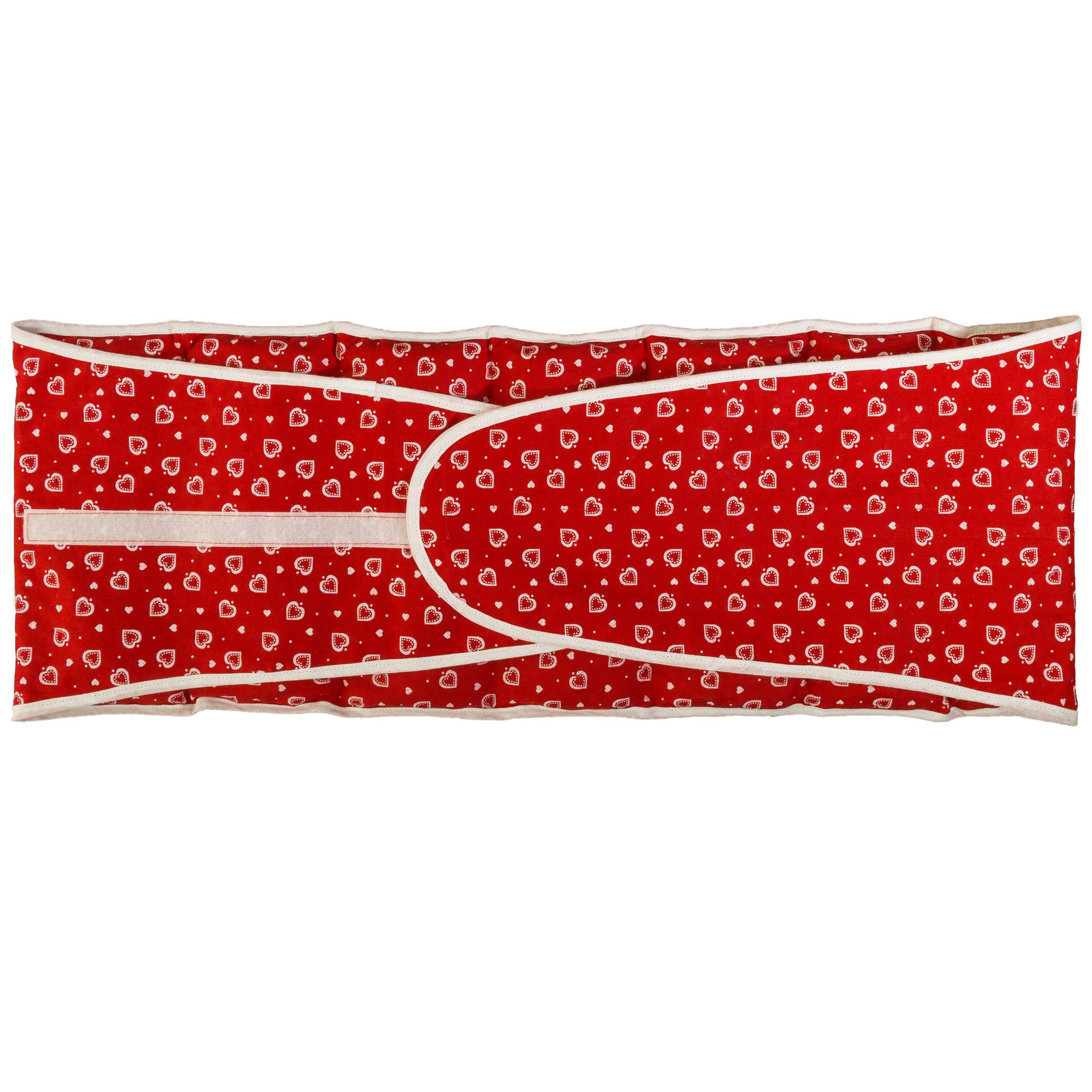 Coussin-ceinture, 135cm, aux noyaux de cerises à sept compartiments avec fermeture à bande auto-agrippante - Ceinture-bouillotte - Coussin thermique aux graines XXL, Rouge avec des coeurs