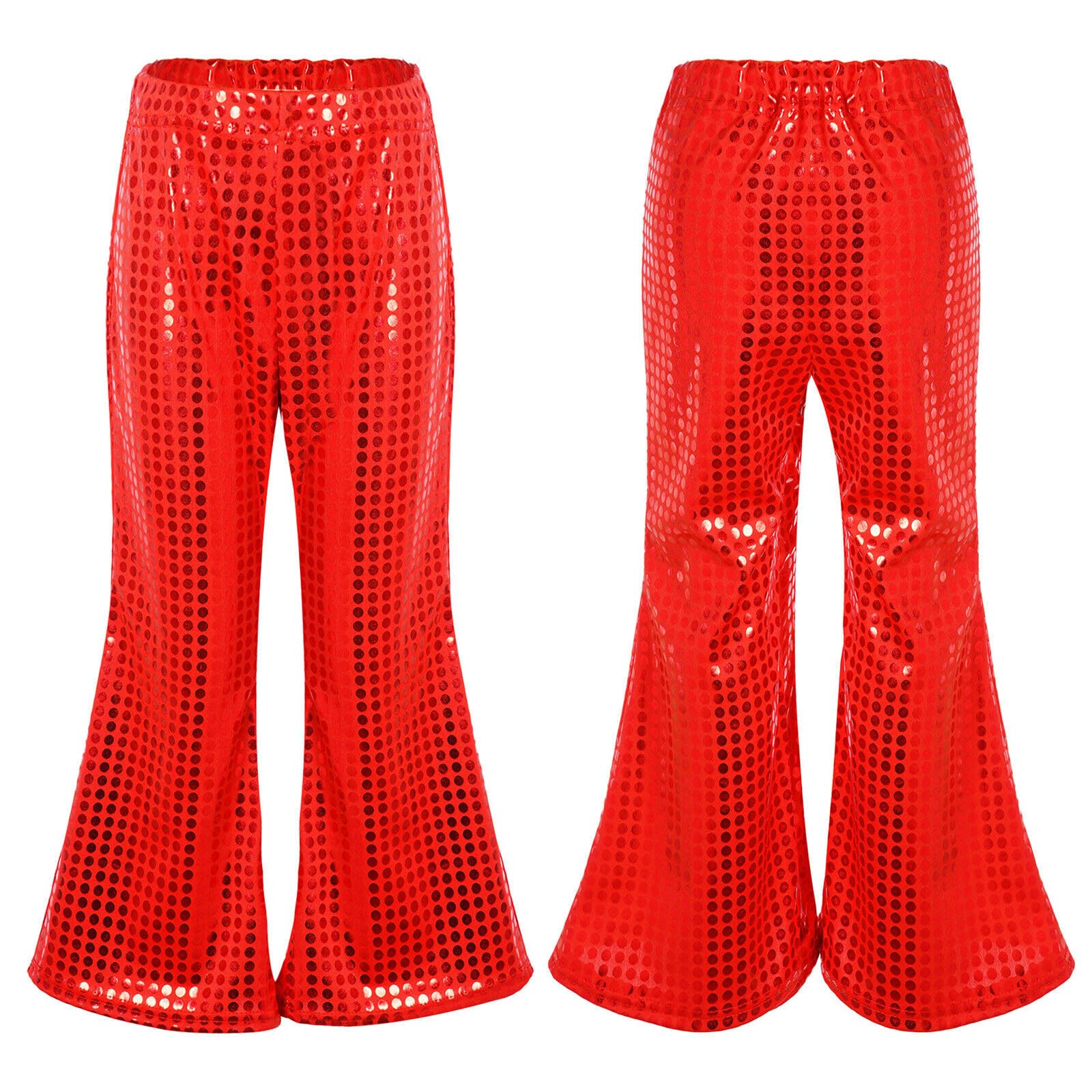 Genérico Pantalones Largos Acampanados Pantalon Lentejuelas Niño Niña Retro de Cuero Metálico Brillante para Danza Pantalón Chandal Jazz Cintura Elástica Traje Baile Fiesta Actuación