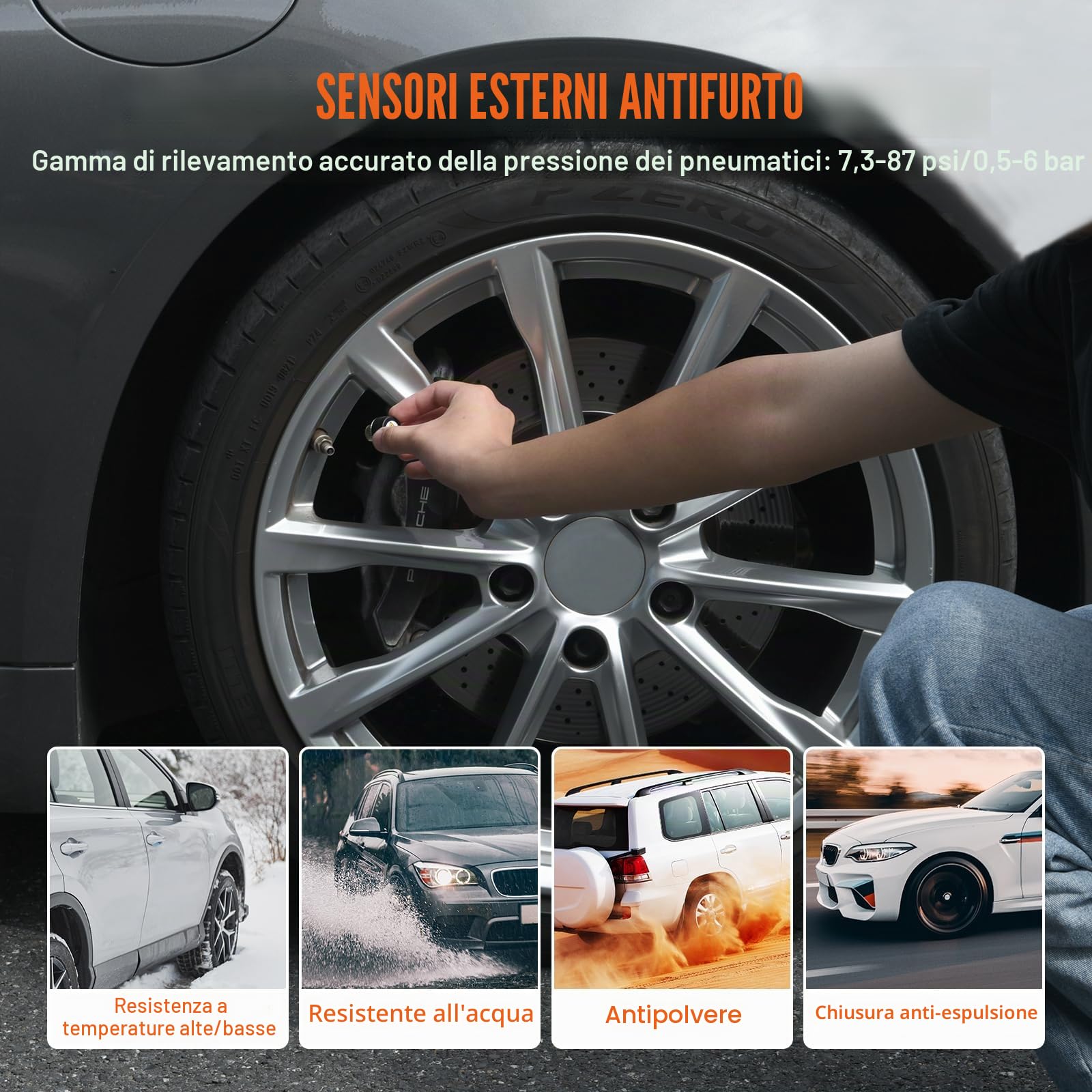 VEVOR Sistema di Monitoraggio Pressione dei Pneumatici per Camper 7.3-87psi Rimorchio TPMS Sistema di Allarme per Auto Wireless Universale Kit Sensore TPMS Impermeabile con Carica Solare 4 Sensori