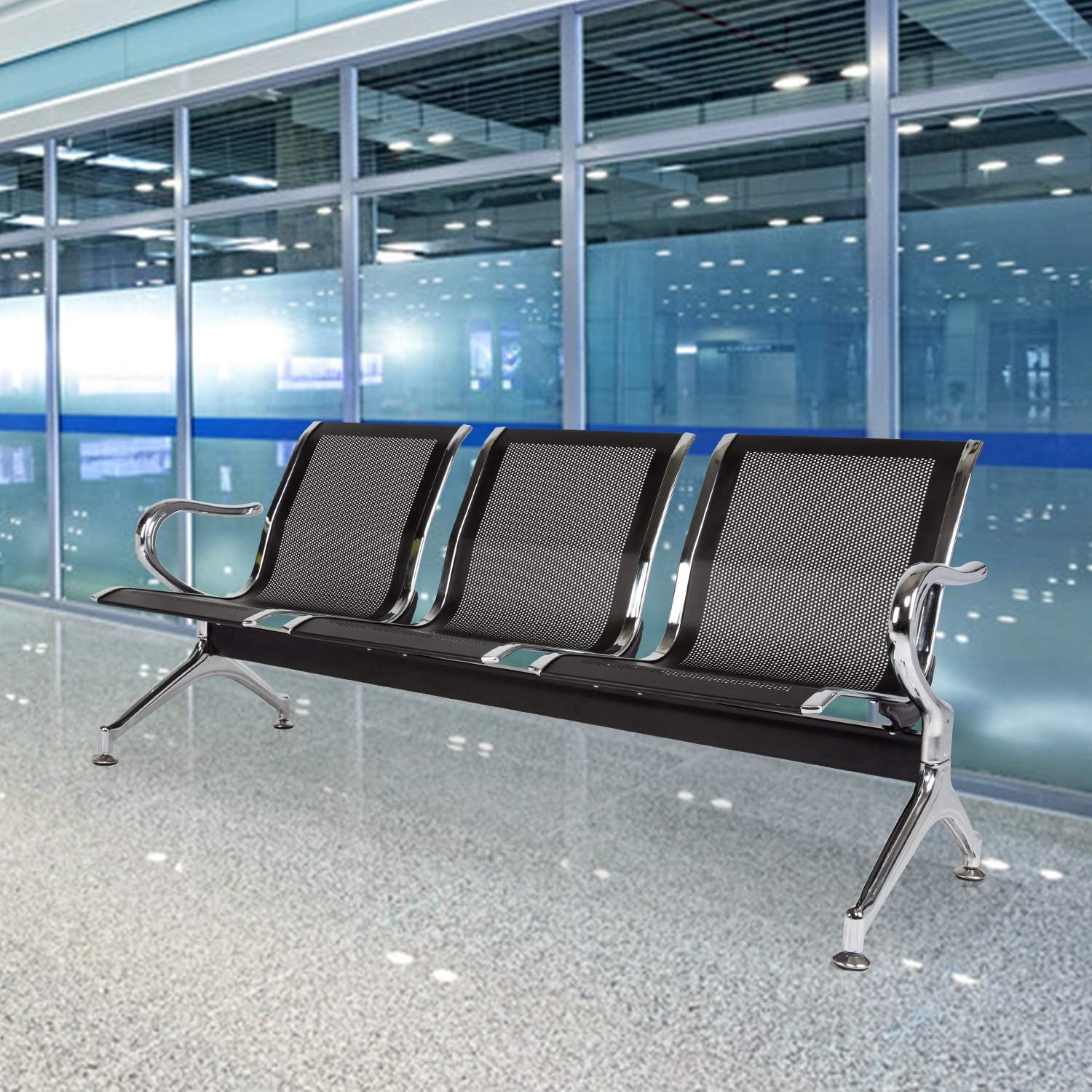 Kinsuite 3-Seat Waiting Room Bench - Waiting Room Chairs with Arms Airport Reception Bench, Lobby Bench Seating Office Bench Waiting Area Chairs for Airport Business Hospital Market, Black