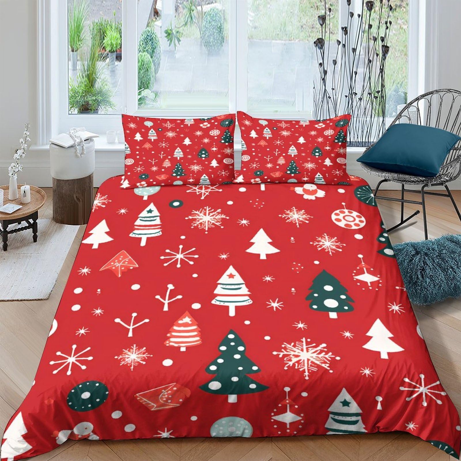 TUFRTGYHN 3D Printed Christmas Tree Duvet Cover Microfiber Red Snowflake Quilt Cover Set with 2 Pillowcases for Bedroom Decor Single（135x200cm）