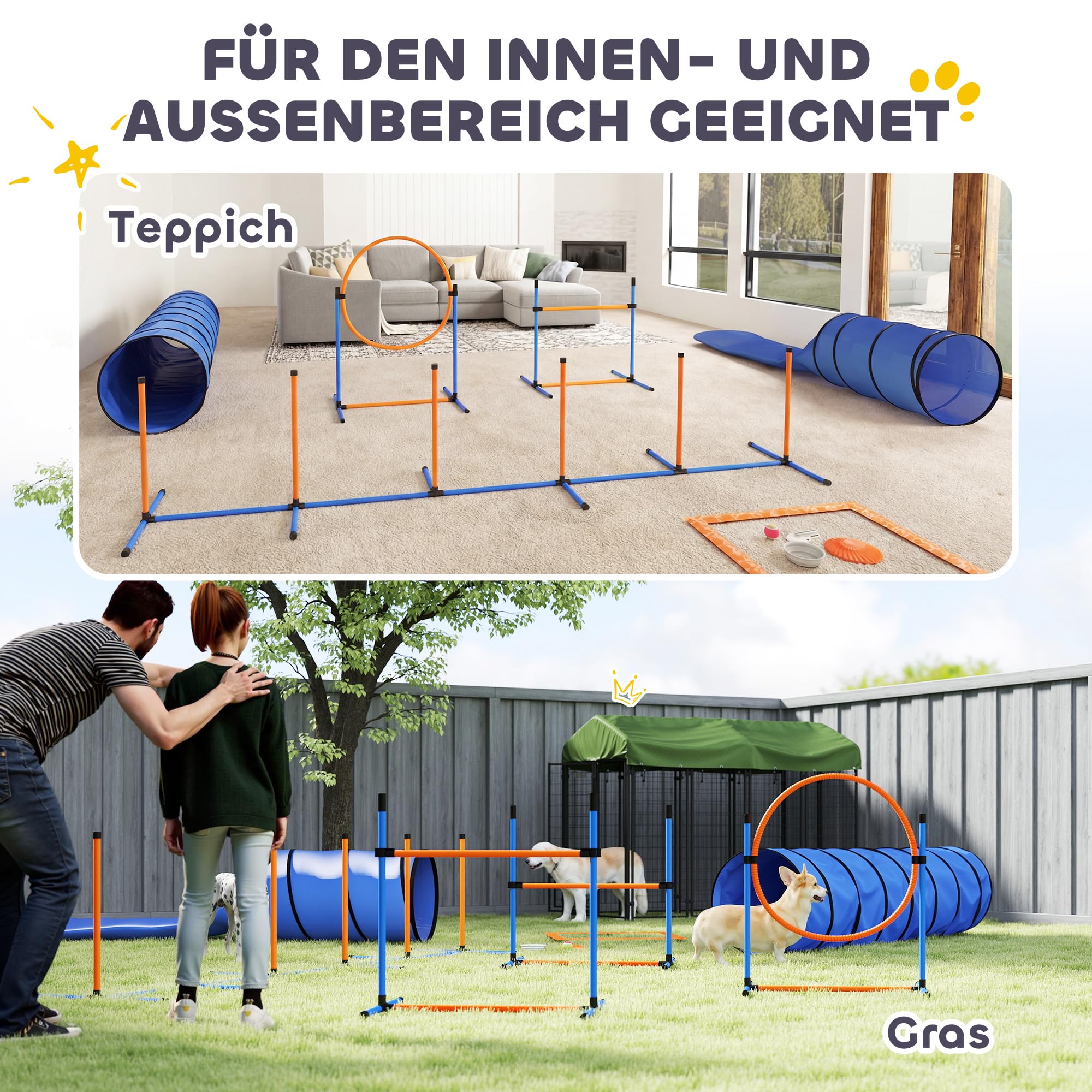 PawHut 11-teiliges Set Agility-Ausrüstung für Hunde Höhenverstellbar | 2 Tunnel, Sprungring & Hürden, Slalomstangen, Pause-Box, Tragetasche, Ball, Steckhürdenset, für Hundetraining