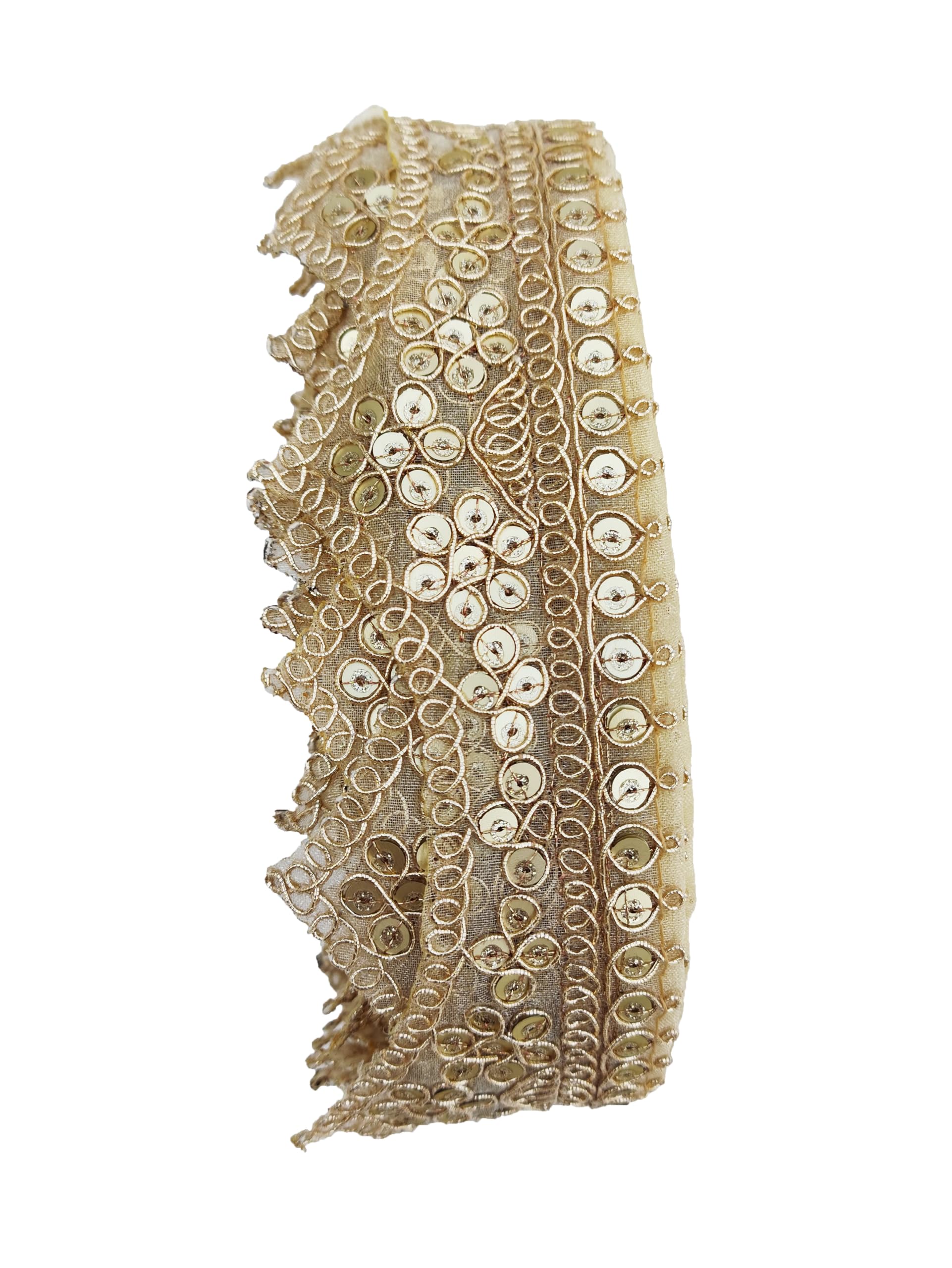 CARTZEYE Embroidery Gold Work Lace Border with Sequence Decorative Ribbon for Saree, Dress, Kurti, Bandhani, Lehenga - 5 cm Width (Chiku, 6 Meter) 2