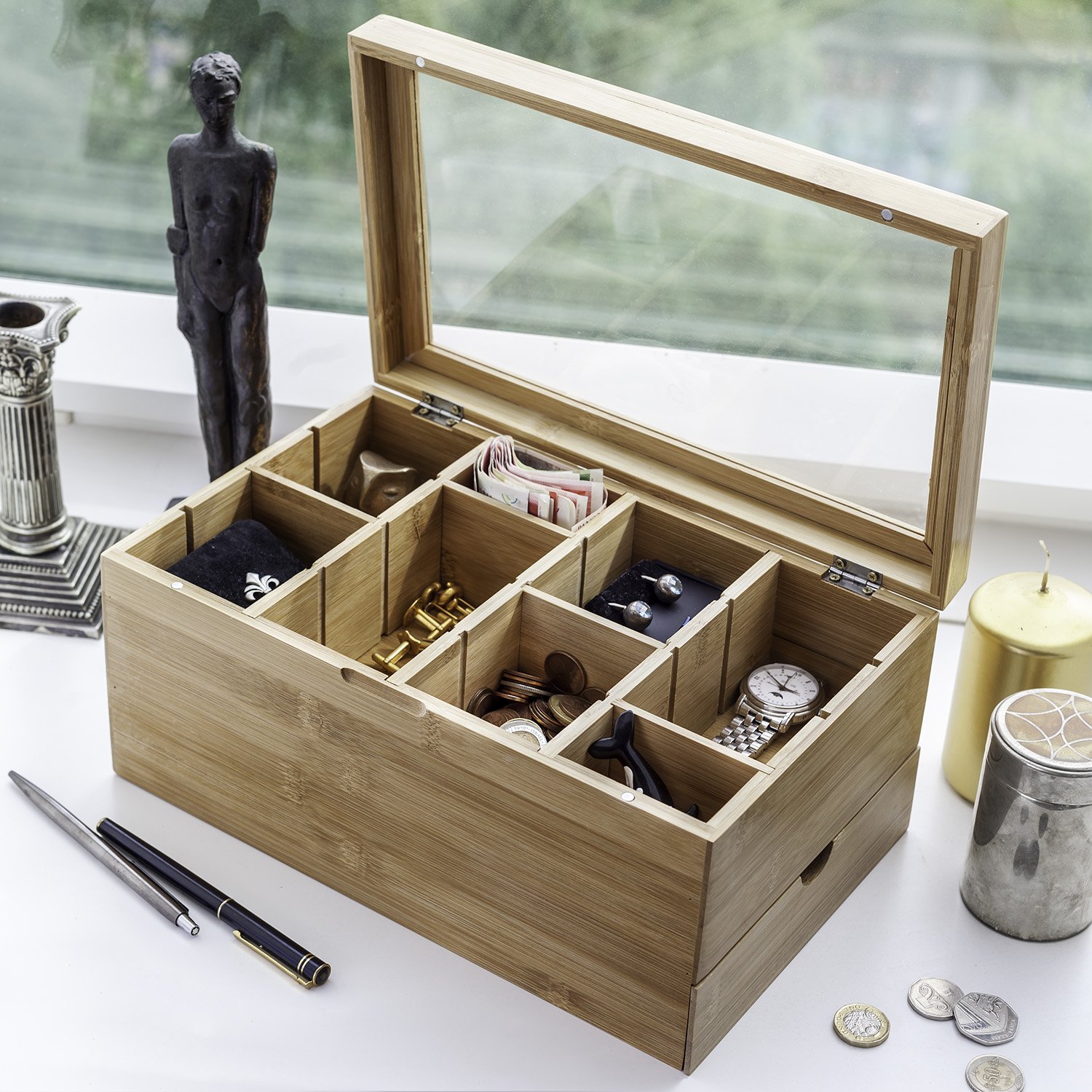 Amazy Bamboo Tea Box Wooden Tea Chest with 8 dividers and drawer for