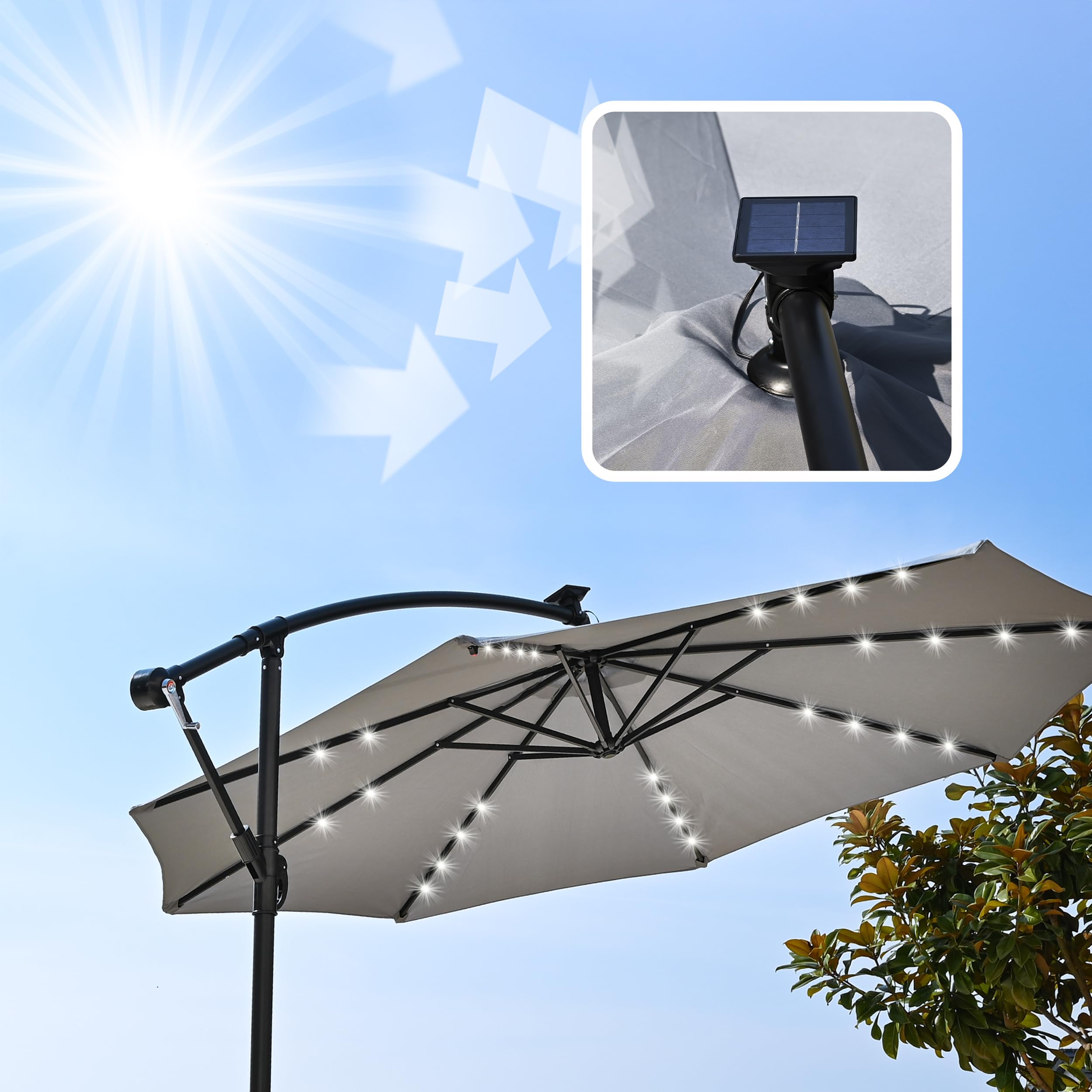 LEHMANN Sonnenschirm mit LED-Solar-Beleuchtung, Ampelschirm mit Ständer & Kurbel, Gartenschirm Wasserdicht & UV-Schutz, 360° drehbar, inkl.Schutzhülle, Sonnenschirm für Garten und Terrasse